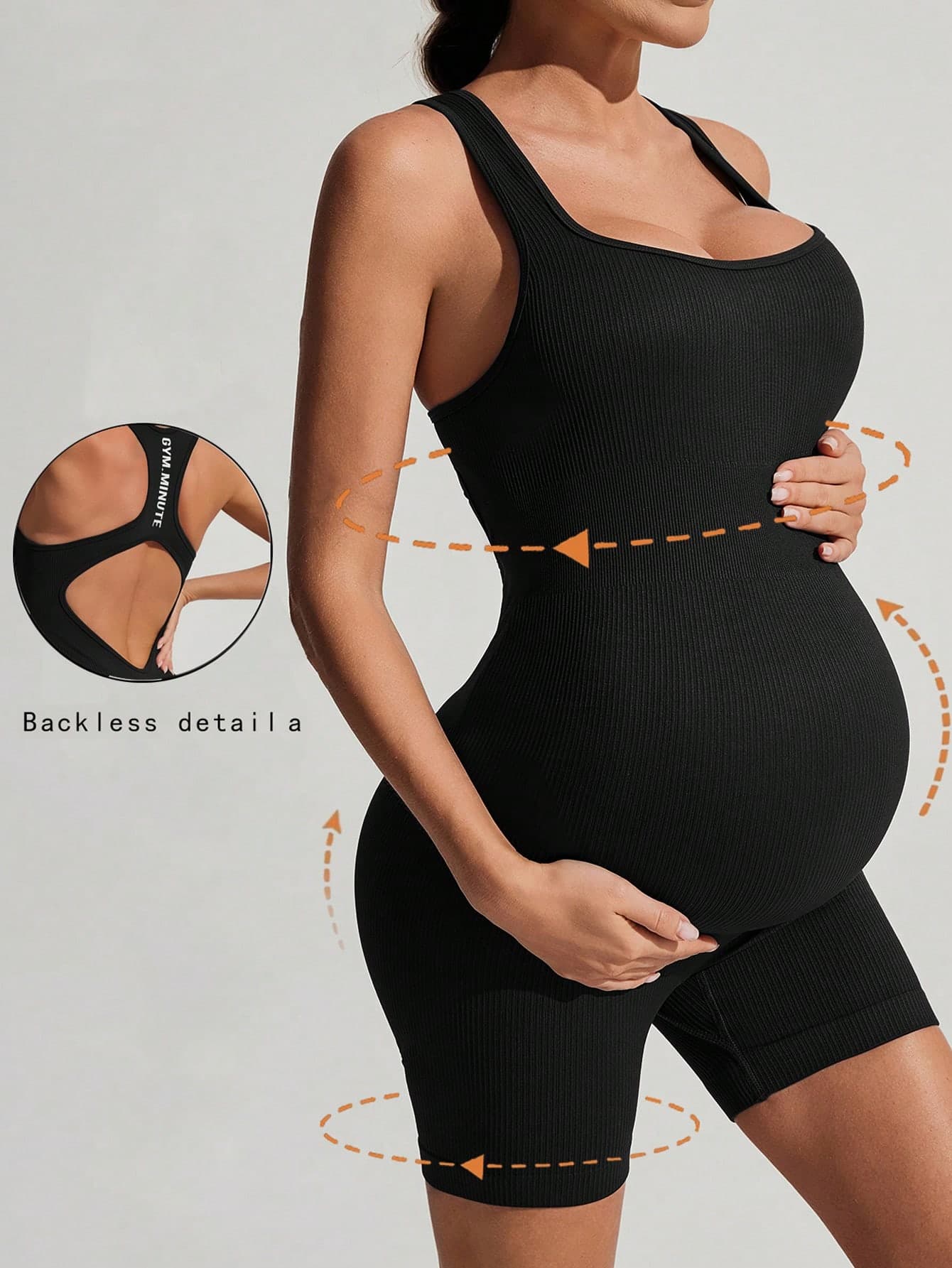 SHEIN Maternity Elastic Backless Romper Casual Sports Style Jumpsuits For Woman Unitard Bodysuits Tivewear Word Cup Summer Maternity Photoshoot