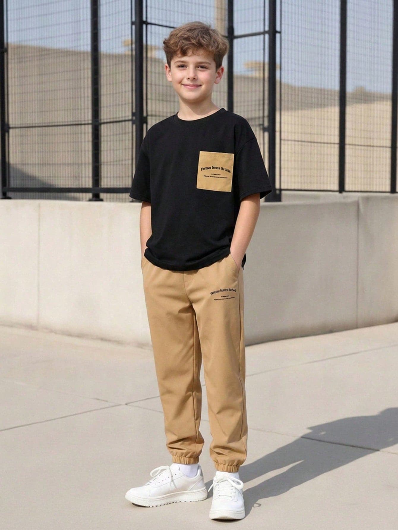 Vacaura 2pcs Teenage Boy Fashion Casual Black T-Shirt Matched With Khaki Shorts Set,Chest Pocket Details,Summer Streetwear Graduation Back-To-School Outfit