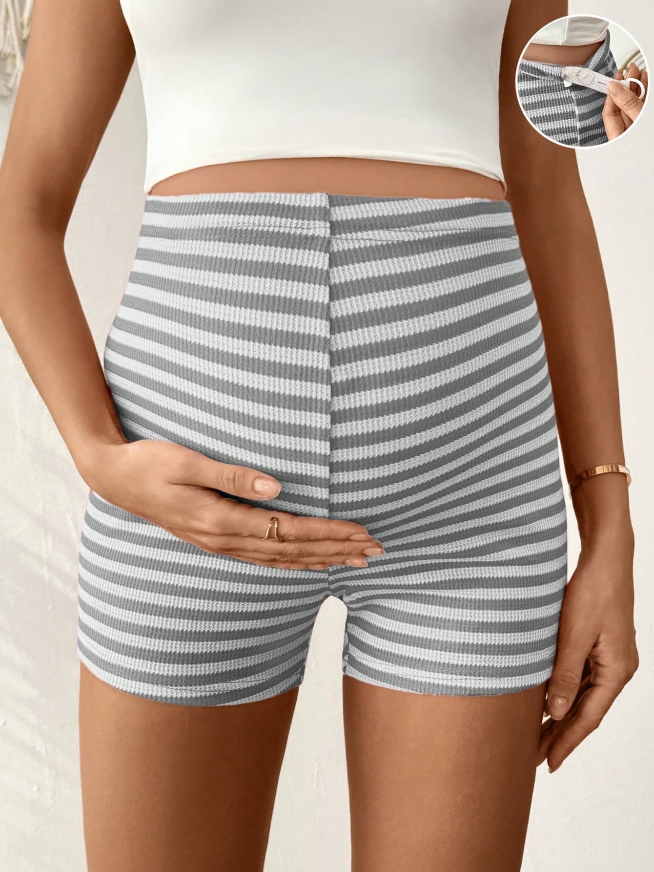 Lyckli Maternity Summer Casual Striped Adjustable Waist Shorts Mid Thigh Biker For Women Stretchy