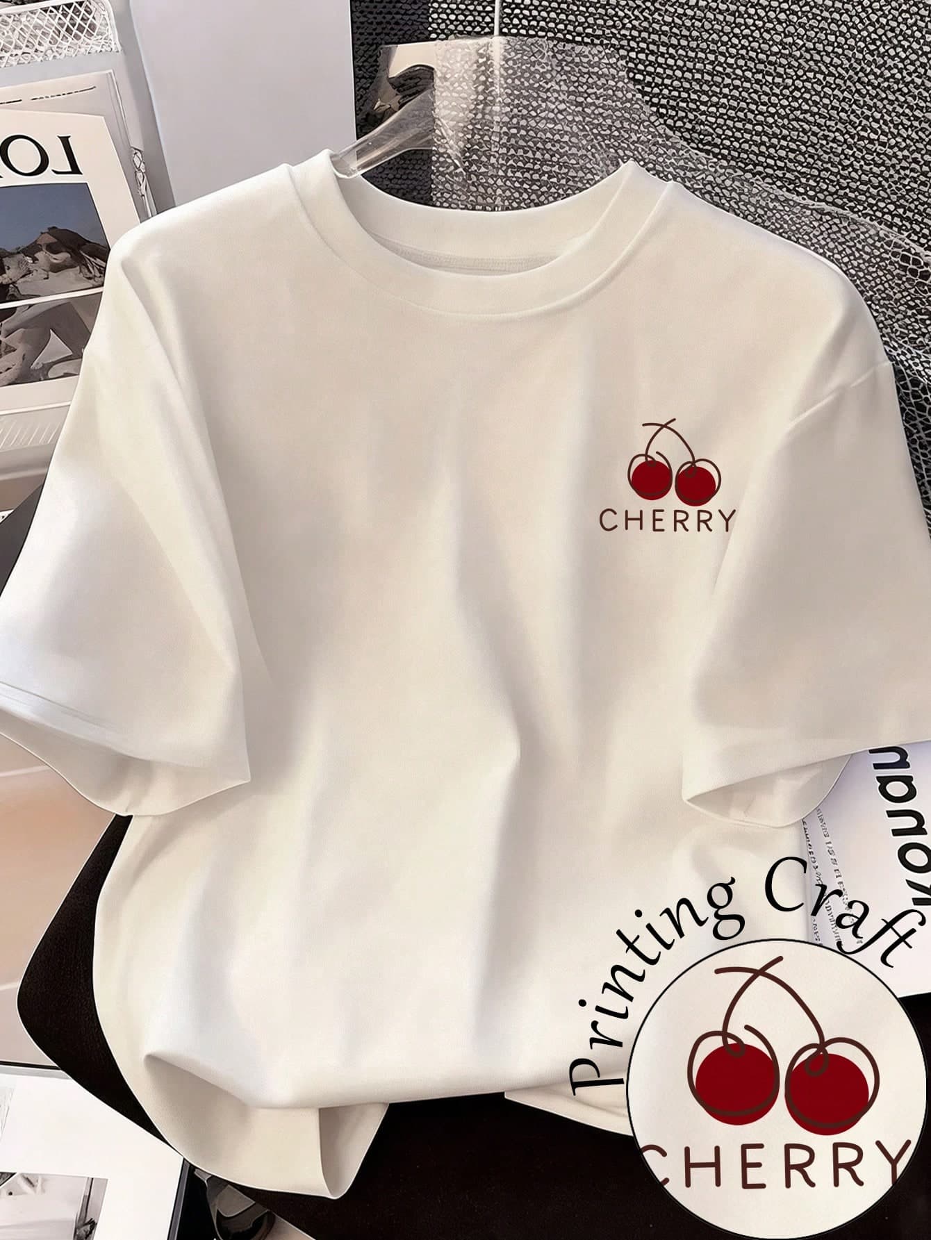 INAWLY Women's Casual Cherry Letter Print Round Neck Short Sleeve T-Shirt
