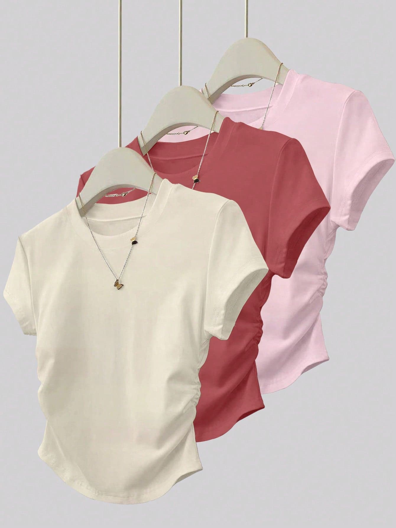 Glimmora 3pcs Women Summer Casual Solid Color Tops,Minimalist Style T-Shirts,Suitable For Sports,Outdoor,Back To School,Everyday,Dusty Pink,Apricot,Brick Red