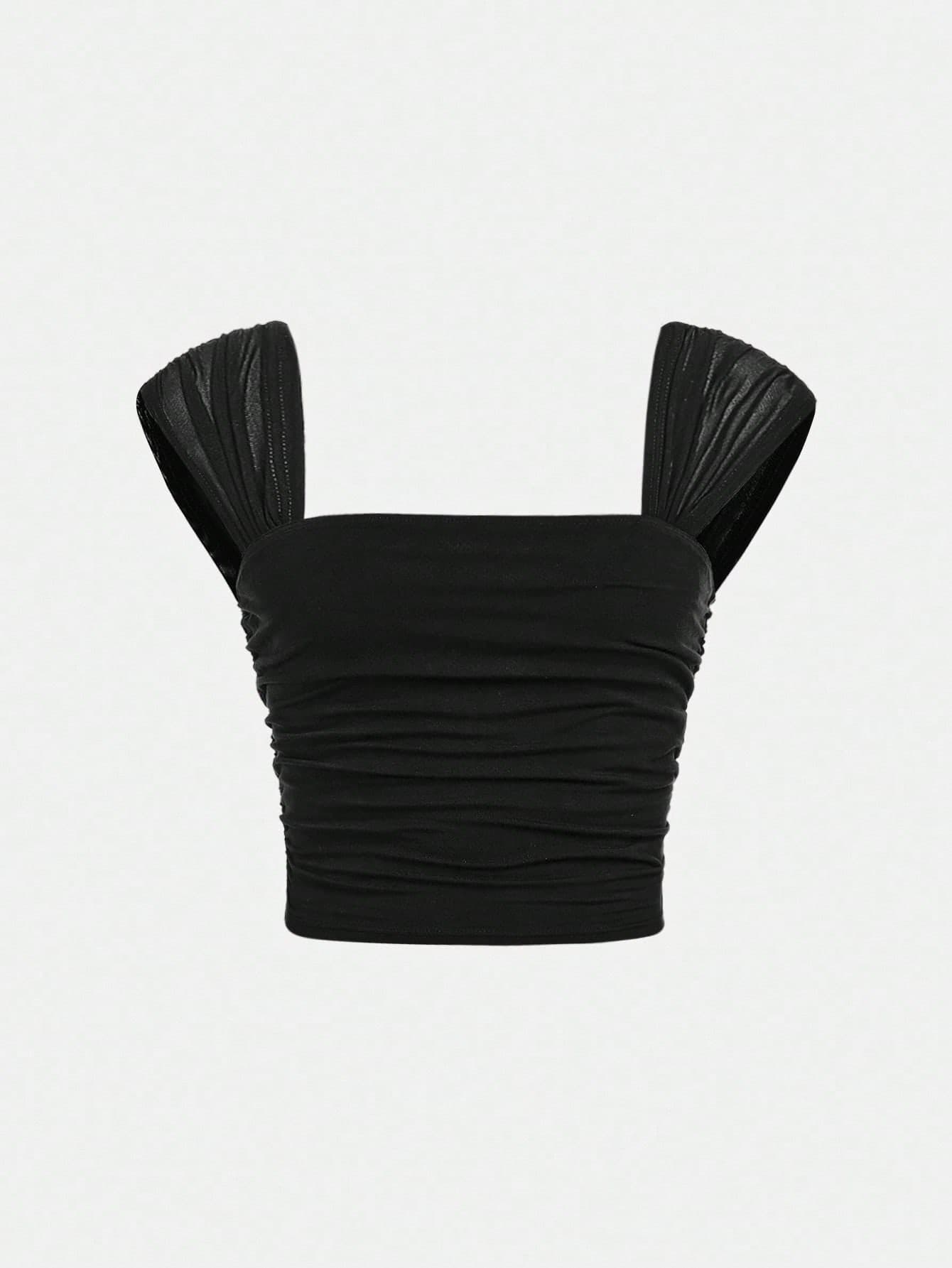SHEIN Tween Girl Casual Elegant Knit Solid Color Square Neck Ruched Cap Sleeve Fitted Mesh Patchwork Tank Top T-Shirt Back To School Graduation Prom Halloween Party KIDS