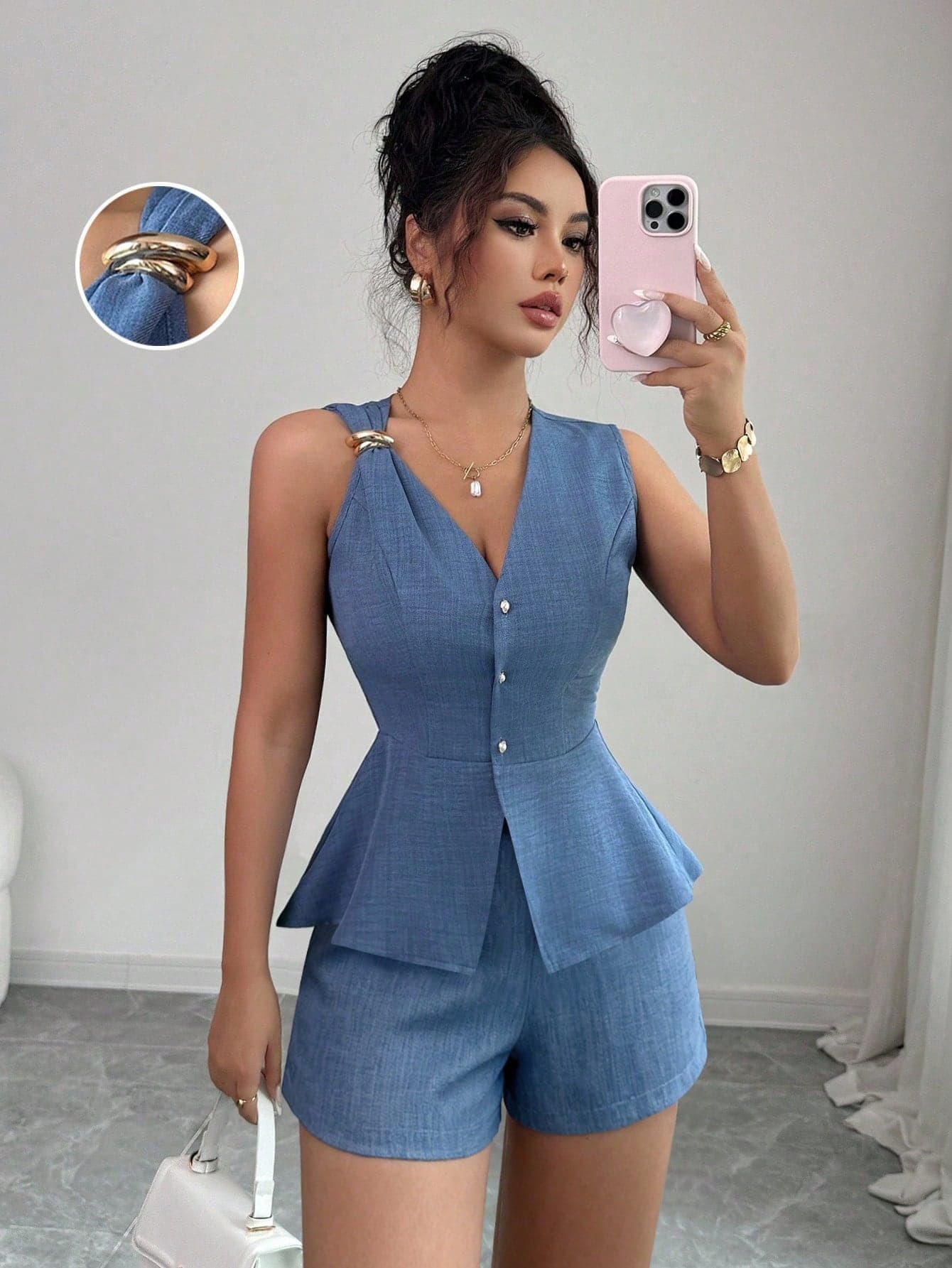 Elenzga Women's 2-Piece Set Dusty Blue,Summer,Elegant,Brunch V-Neck Sleeveless Waist Cinching Linen Pearl Button Metal Decor Shorts Fashionable Casual Chic