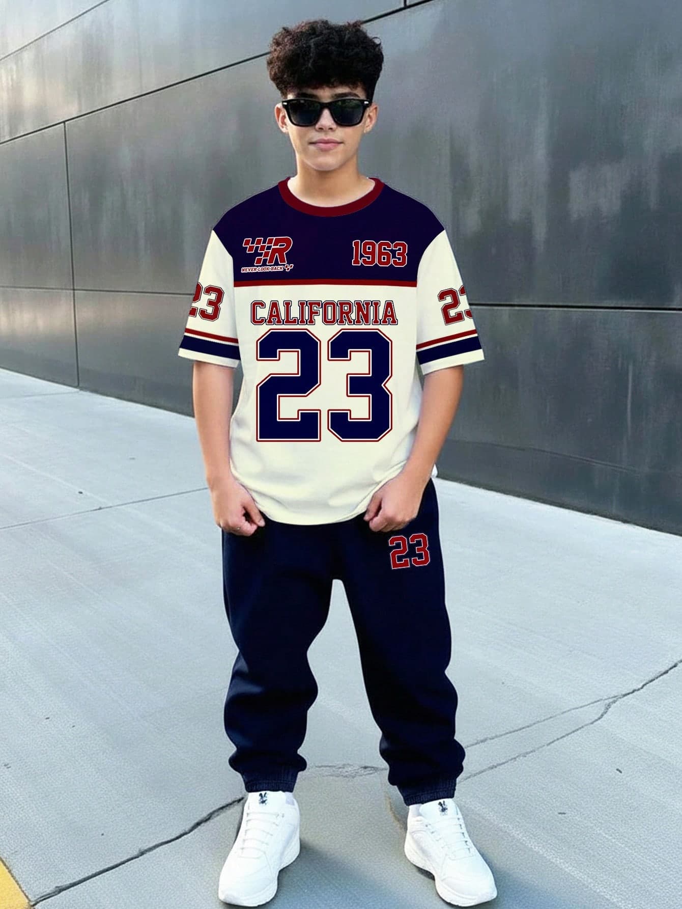 Tween Boy Navy Blue Y2K Streetwear Set,English Letter Number 23 Retro Colorblock Short Sleeve T-Shirt And Pants,School Summer Back-To-School Outfit