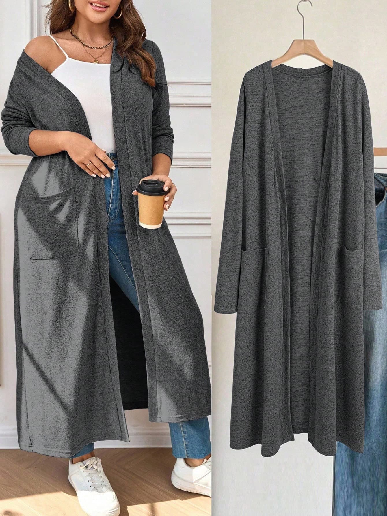 EMERY ROSE Plus Size Casual & Elegant Plain Grey Coat Women,Loose Solid Long Sleeve Coat With Pockets,Autumn Vintage Minimalist Teacher Back To School Airport