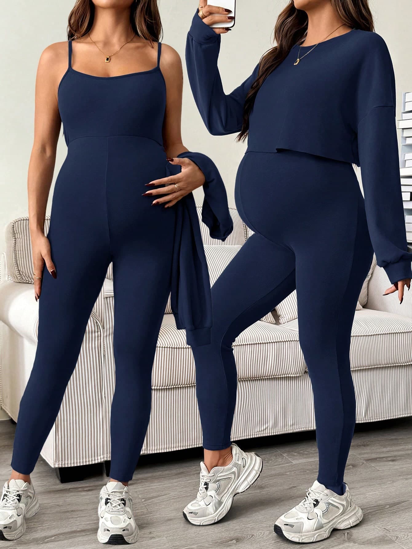 SHEIN 2pcs Maternity Casual Solid Color Camisole Jumpsuit & Top Set Fall