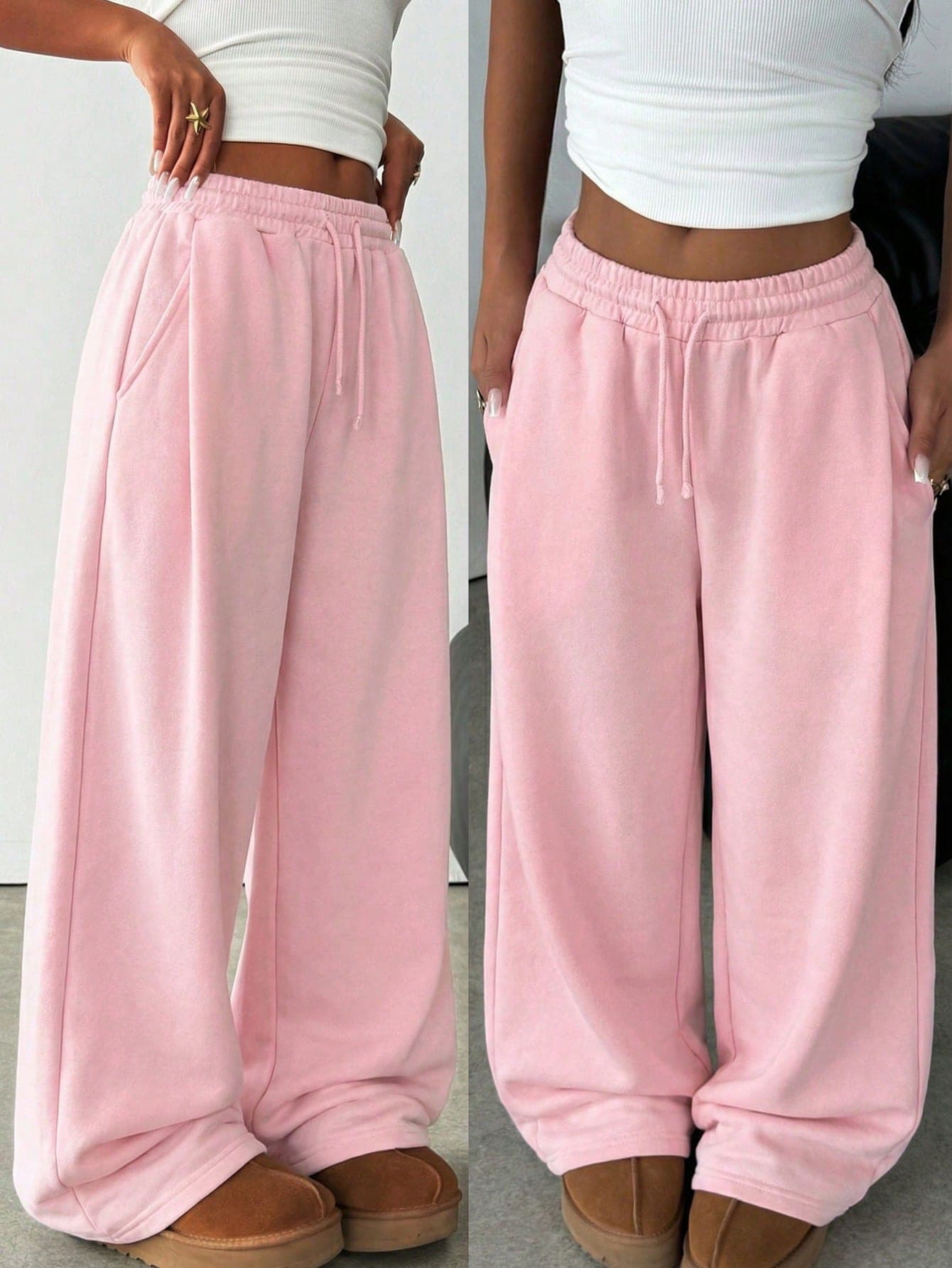 SHEIN Teen Girl Knitted Solid Pink Loose Casual Drawstring Pocket Wide Leg Sweatpants Comfy Pants Pink Baggy Pants Baggy Pants Loose Pants For Girls