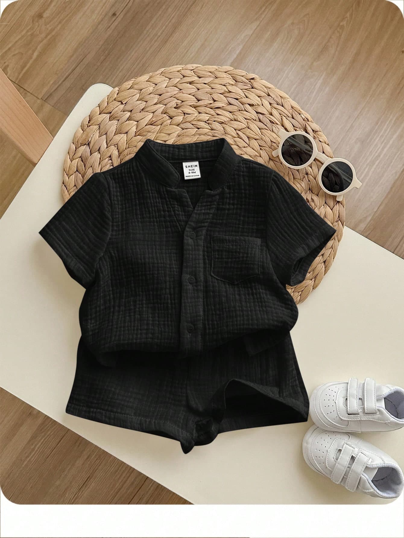 2pcs Baby Solid Color Round Neck Short Sleeve Cardigan Top And Elastic Waist Shorts Set, For Baby Boy Or Baby Girl,Kids