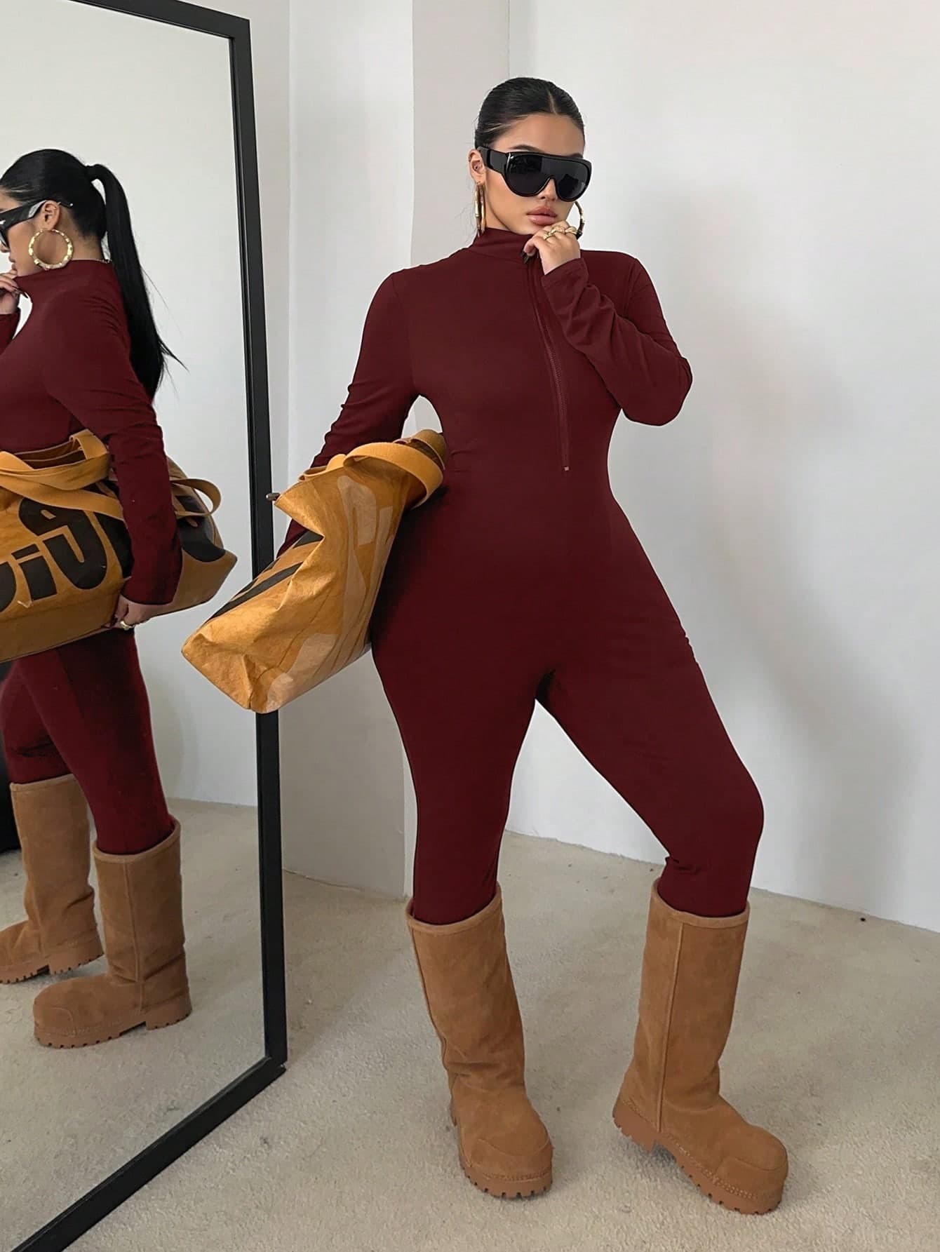 POPSWAY Plus Size Black Long Sleeve & Pants Jumpsuit, Front Zipper, Waist Cinched, Slim Fit, Solid Color, Versatile, Daily Wear