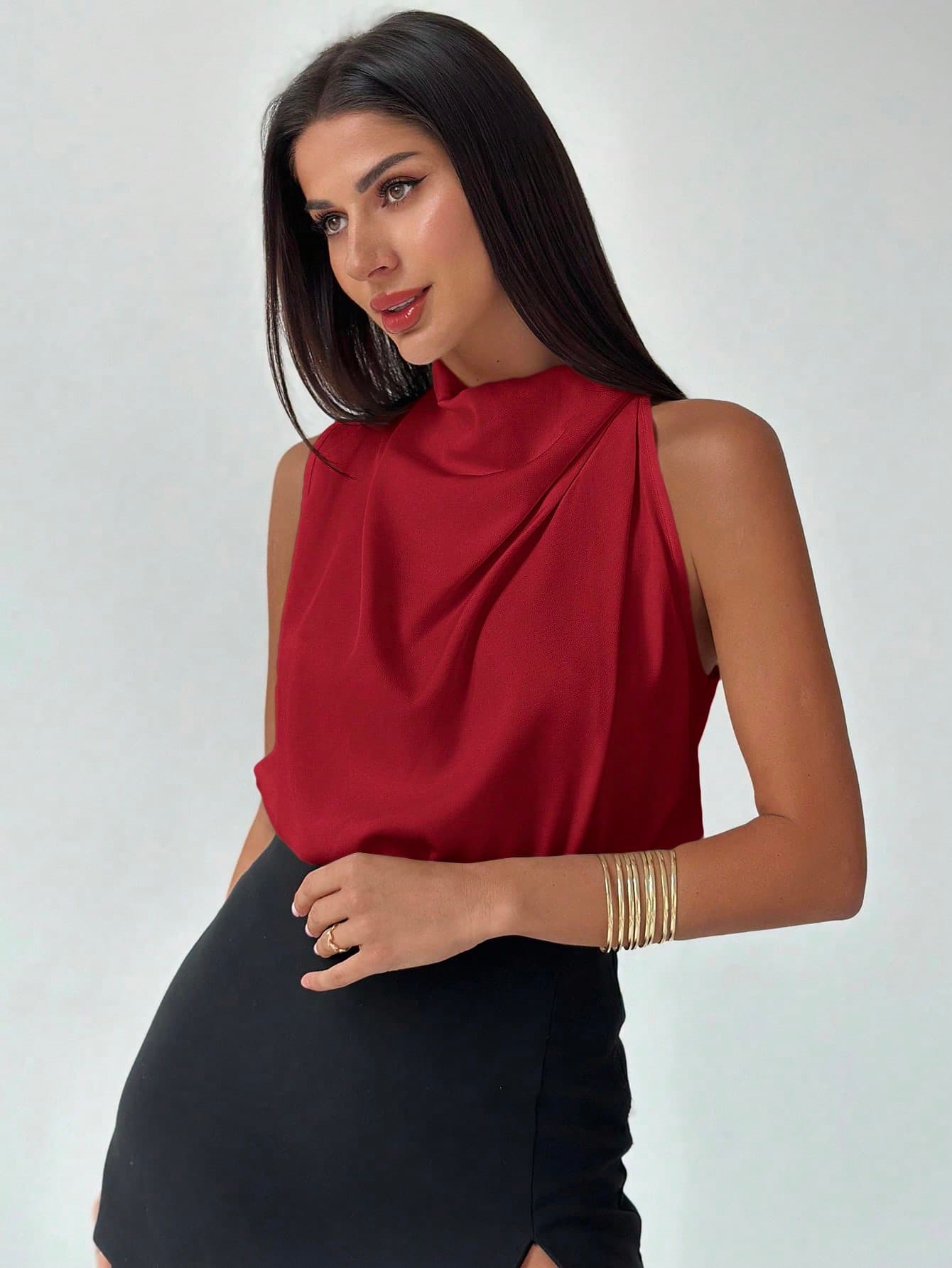 Firerie Women's Elegant Summer Burgundy Office Blouse,Cowl Neck Asymmetrical Pleated Wine Red Top,Fashion Commuting Daily Vacation Workwear Old Money Outfits