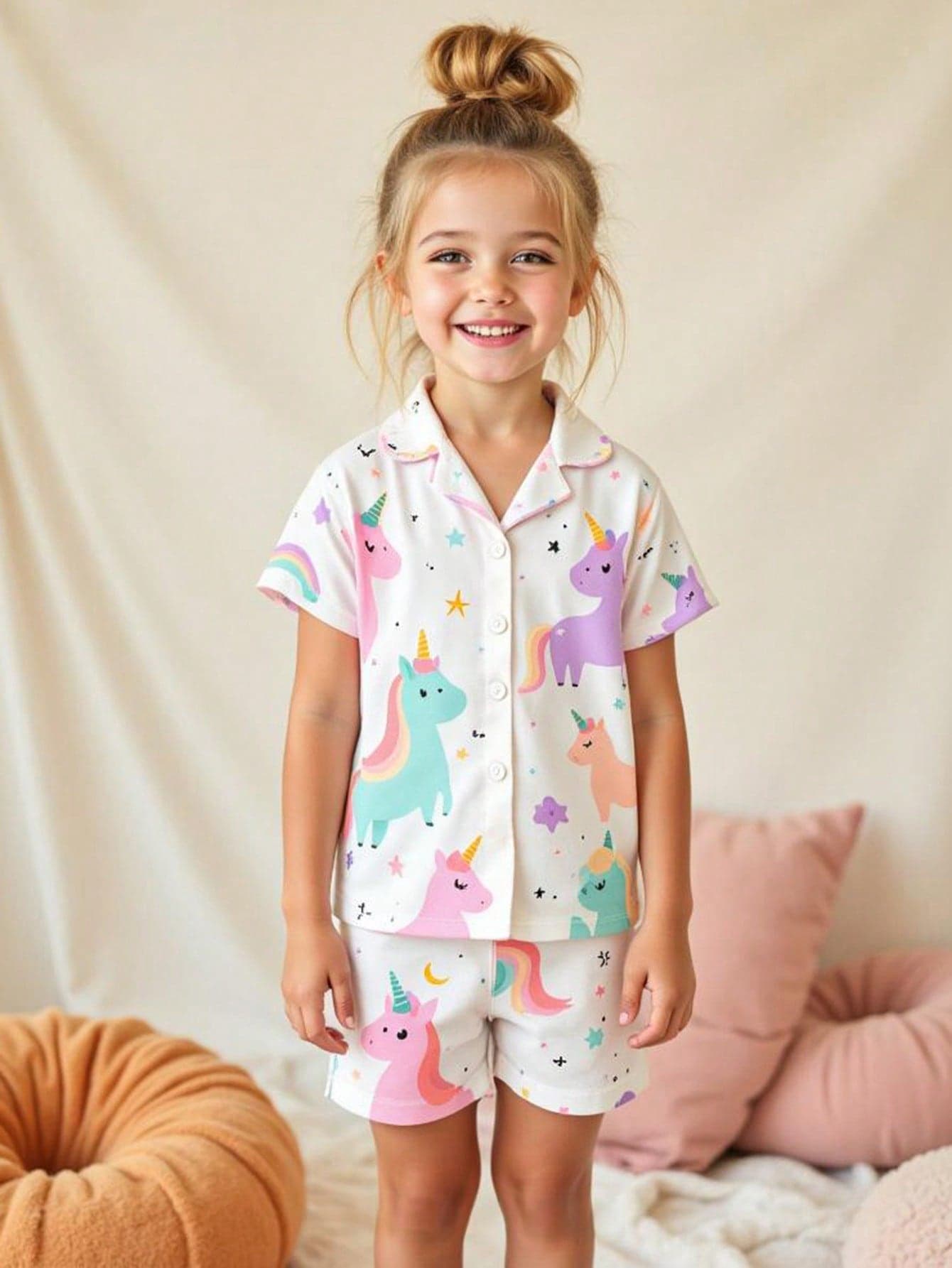 2pcs Young Girl Colorful Unicorn Pattern Collar Short Sleeve Shorts Pajama Set,White,Fairy,Family Matching,Comfortable Home Sleepwear For Kids Pj Set