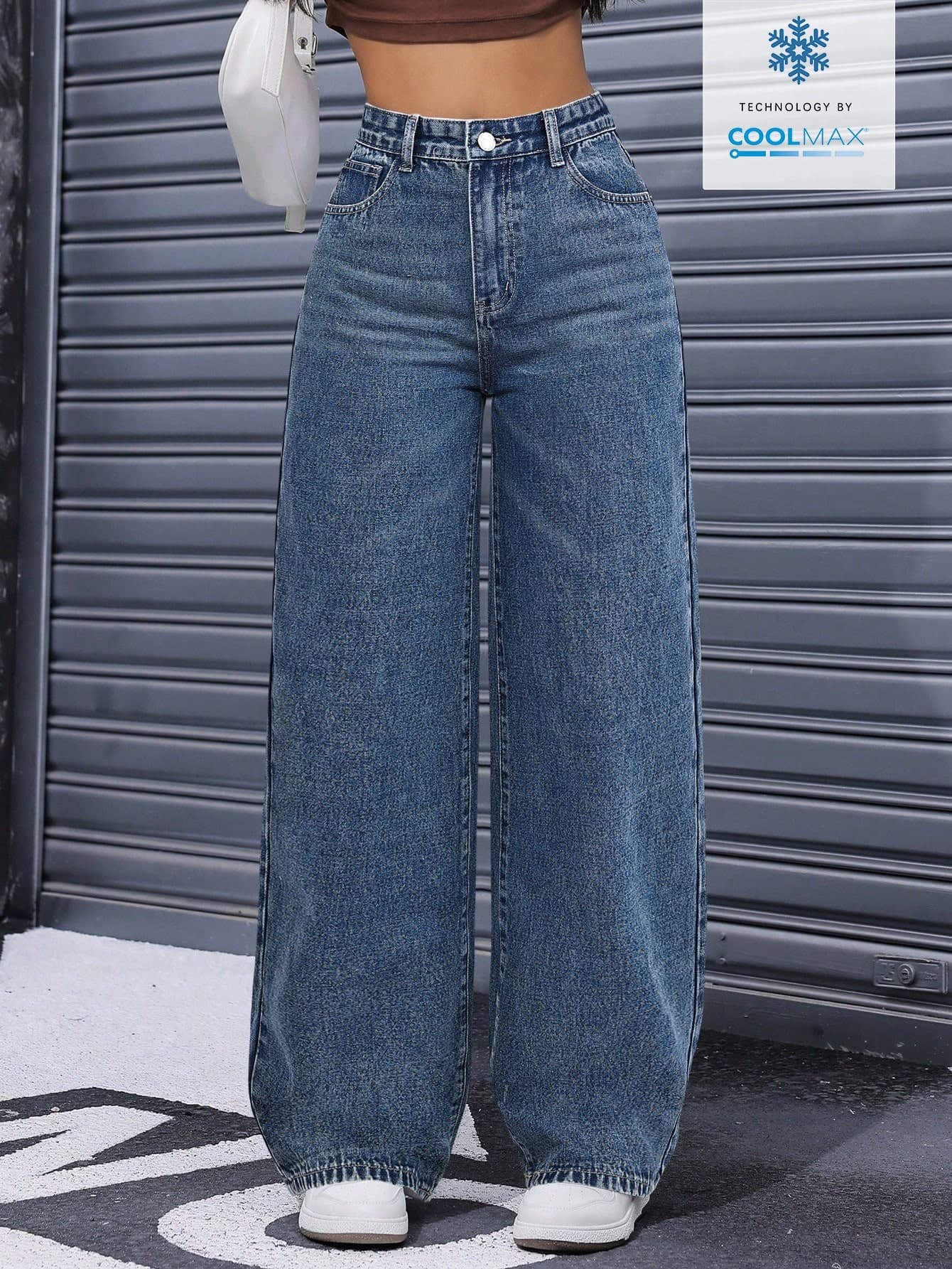 Flirla Women's Solid Color Casual Streetwear Denim Jeans Occasion Blue Autumn