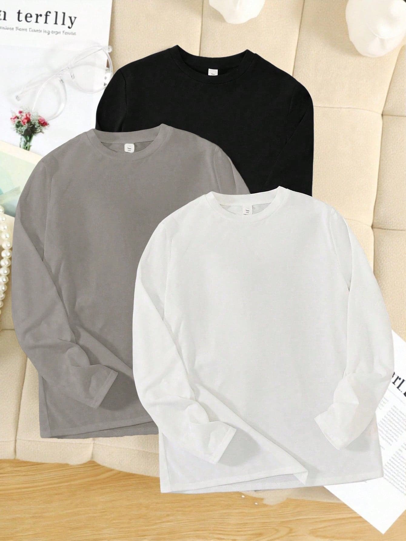SHEIN Teen Boys 3pcs Casual Simple Comfortable Versatile Warm Super Cost Effective Net Color Simple Crew Neck T-Shirt Multi Pack