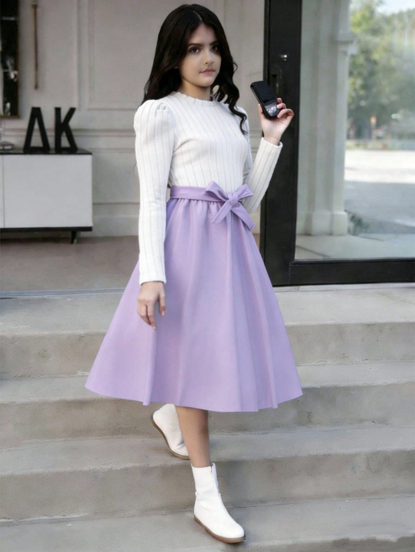 SHEIN 1pc Teen Girls Elegant Long Sleeve Ribbed Knit White Top Patchwork Lavender Skirt,Modest Crew Neck Autumn Dress For Party,Sweet & Ladylike Style