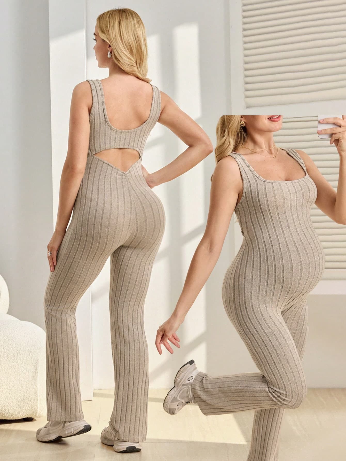 GentleRue Maternity Maternity Solid Color Square Neck Sleeveless Hollow Out Casual Slim Jumpsuit Maternity Jumpsuit