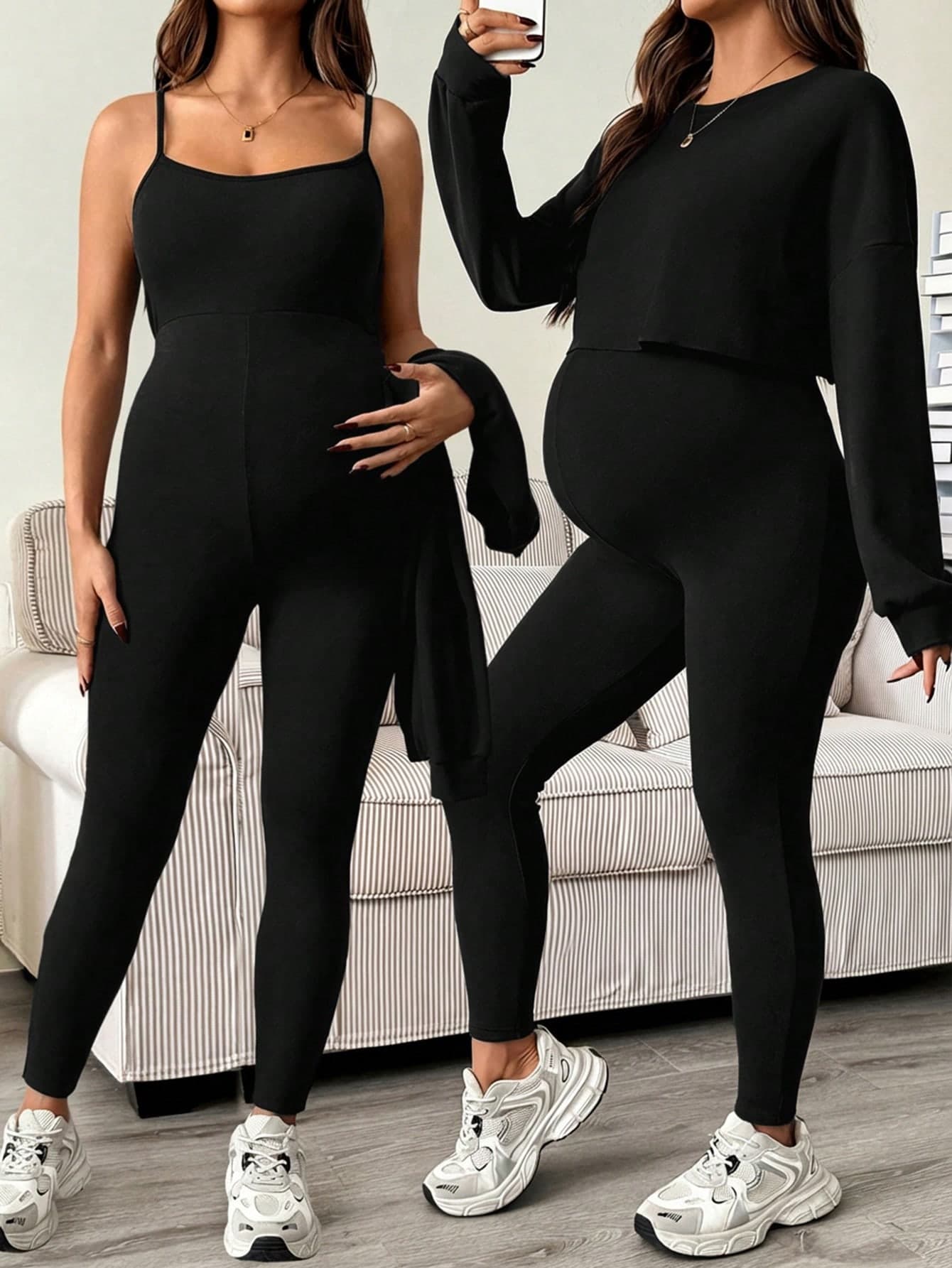 SHEIN Maternity Clothes 2pcs/Set Maternity Solid Color Drop Shoulder Long Sleeve T-Shirt And Jumpsuit Casual Outfit Black World Cup Fall