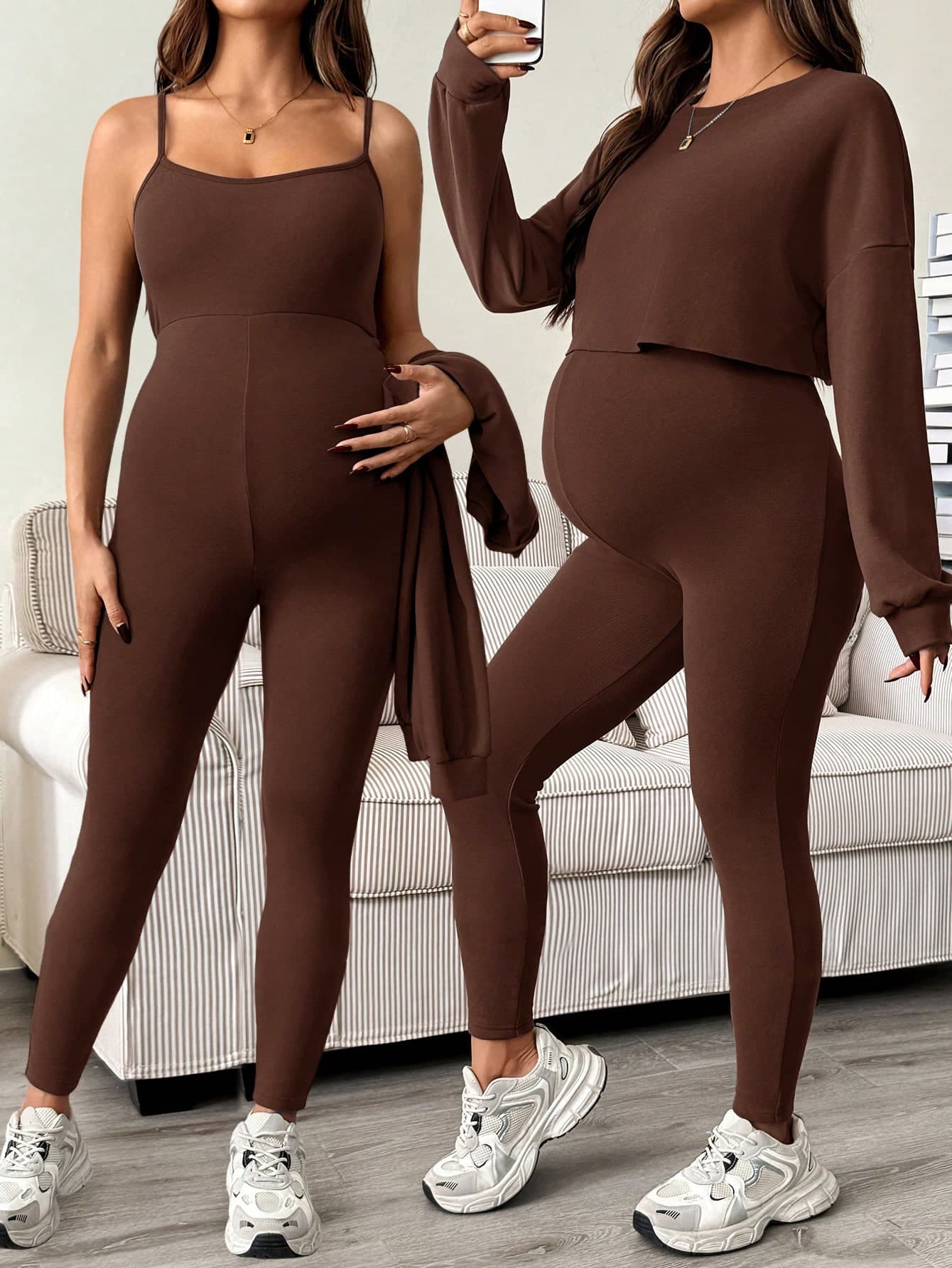 SHEIN Maternity Clothes Maternity Co-Ord Set 2pcs Maternity Set: Solid Color Minimalist Daily Wear Sleeveless Jumpsuit & Long Sleeve Round Neck Top Fall