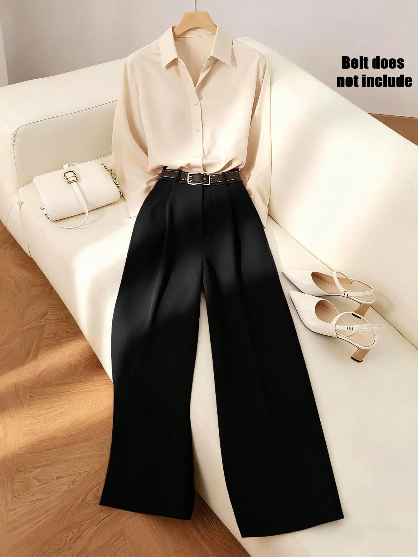 Franclia Women Black Beige 2 Pieces Set,Fall Winter Elegant Office Long Sleeve Top High Waist Wide Leg Pants,Business Formal Teacher Fashion Two Pieces Set