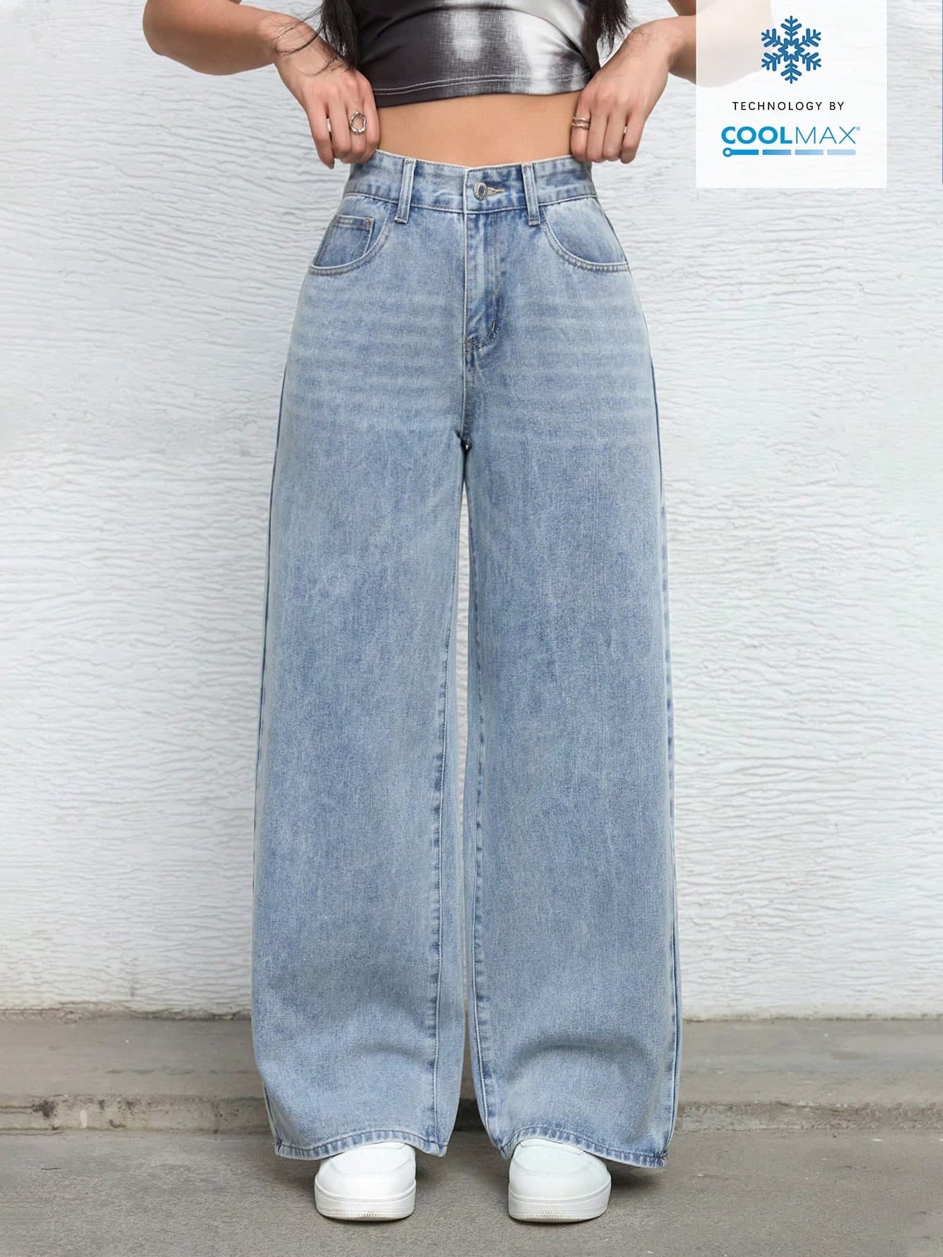 Jeanoix Light Blue Casual Straight Leg Loose Fit Jeans With Belt Loops Occasion Summer