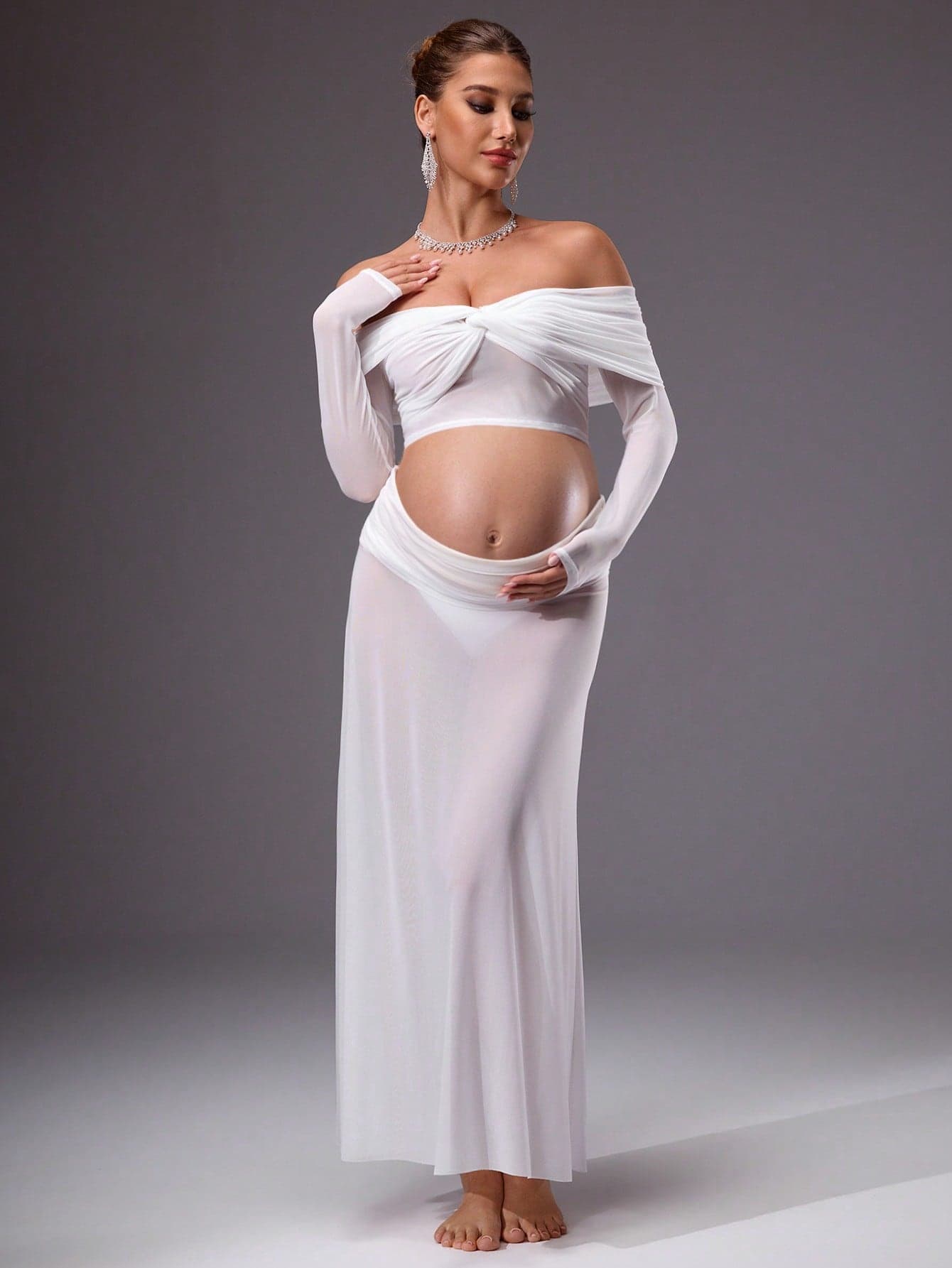 MaterniChic Elegant White 2pcs Maternity Clothes Set For Autumn,Twist Off Shoulder Long Sleeve Top And Midi Skirt,Pregnant Nursing Outfit For Party Photography