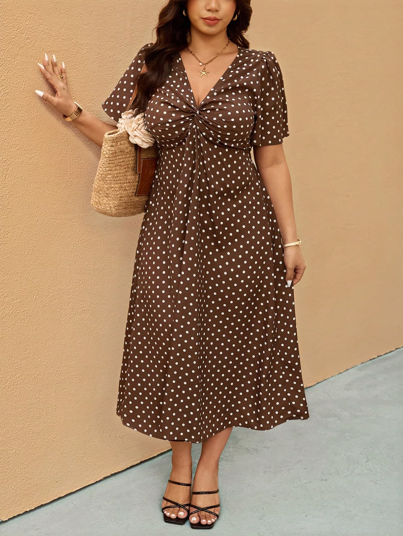 Elaquor Plus Size Polka Dot Print Twist Knot Casual Vacation Dress