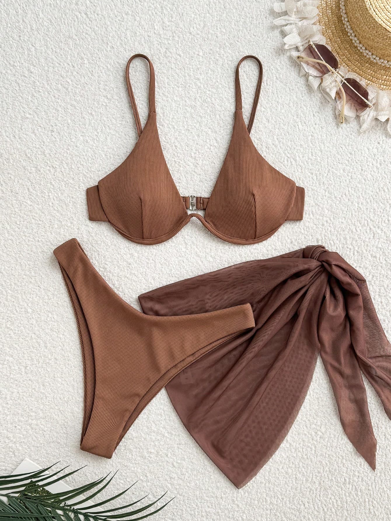 Swim Basics 3pcs Set: Solid Color Underwire Bikini Top & Knotted Skirt Swimwear