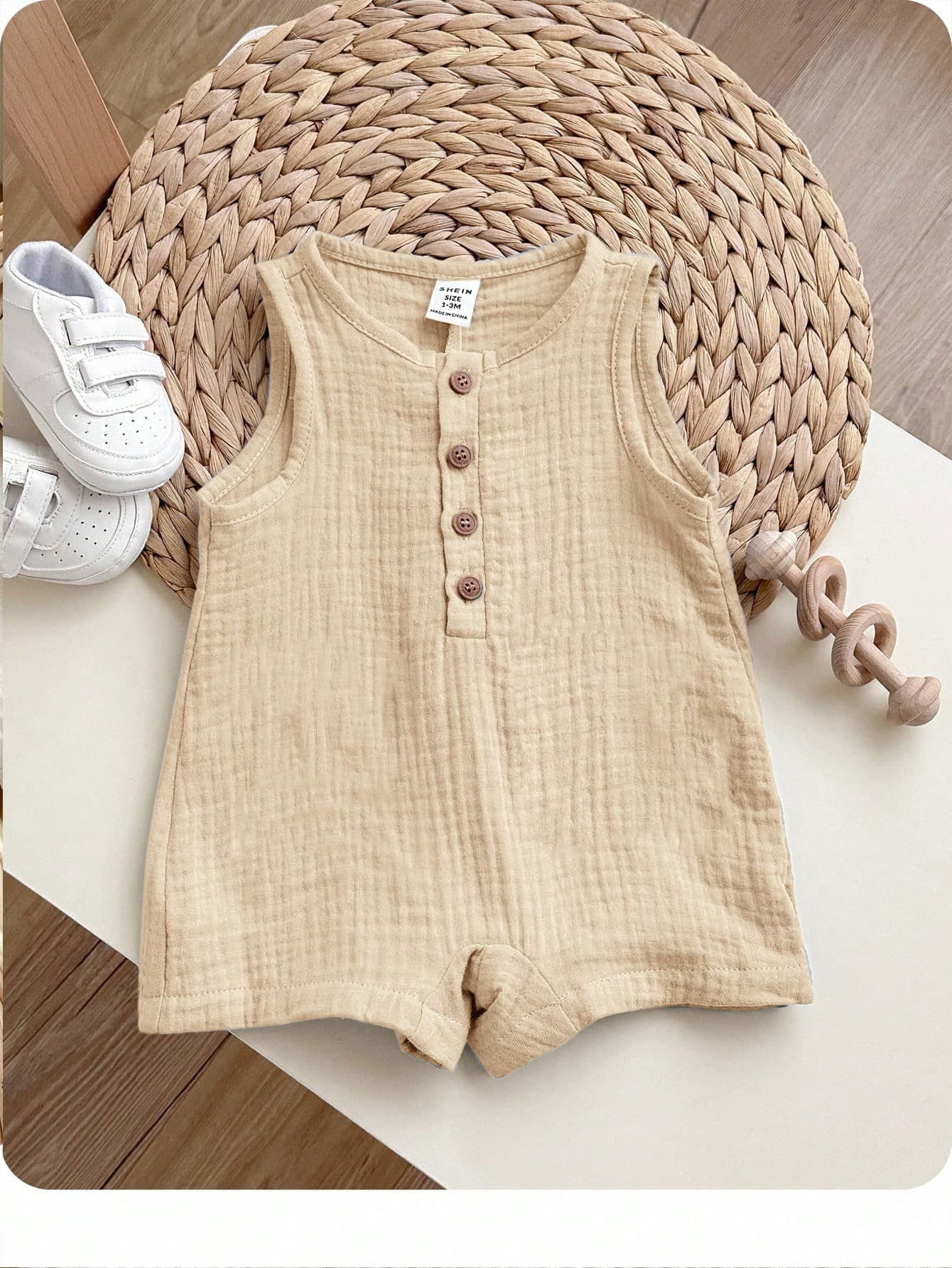 Newborn Baby Boy Summer Casual Vacation Cute Beige Sleeveless Romper,Perfect For Work,Birthday Party,Wedding,Baptism And 1st Birthday Baby Shower