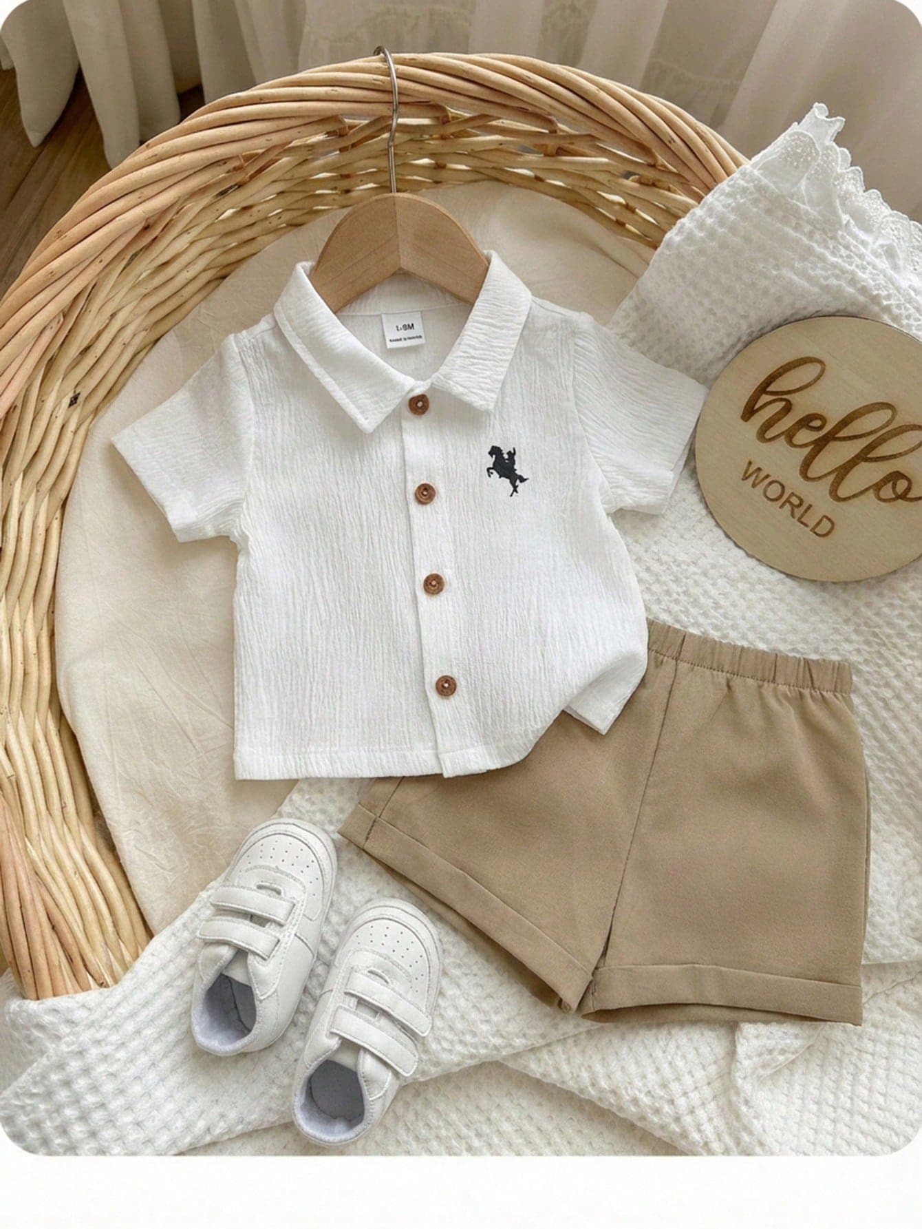 Baby Boy Summer White Short Sleeve Graphic Collared Shirt And Shorts Set With Pocket Details Family Matching Casual