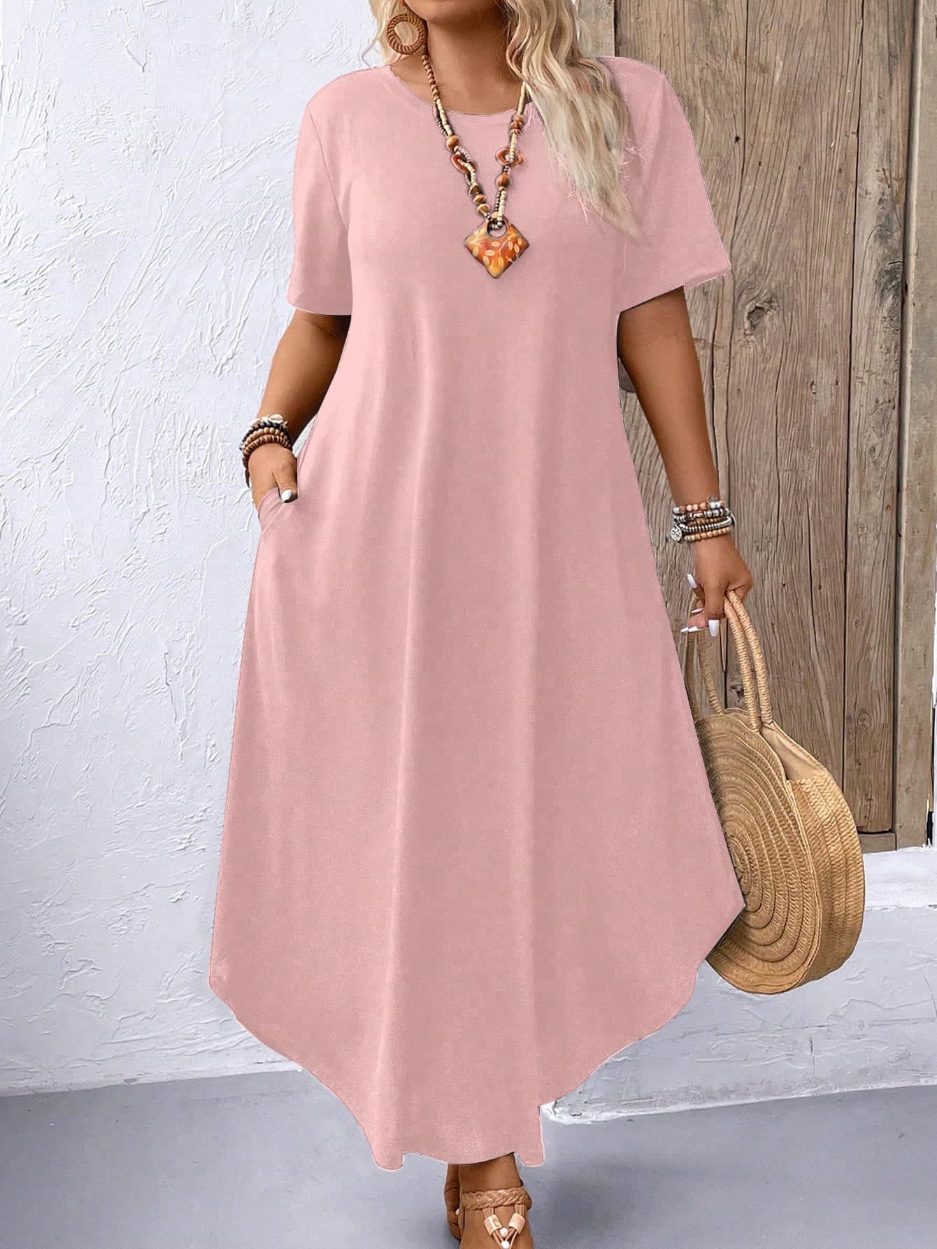 EMERY ROSE Plus Size Round Neck Short Sleeve Solid Color Long Dress Maxi Women Outfit Loose Dresses For Women Short Sleeve Maxi Dress Women Long Casual Dress
