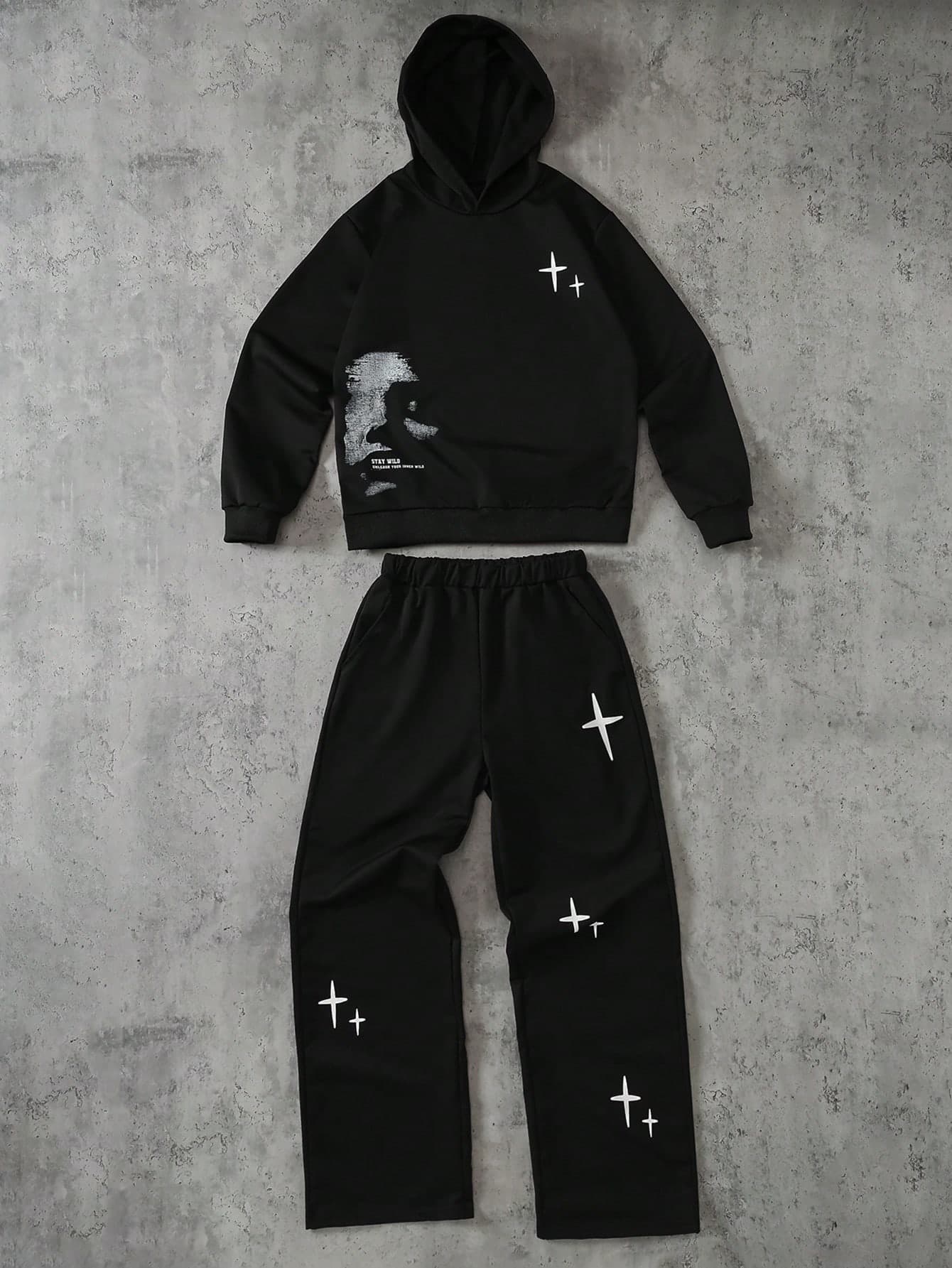 Coolqubz 2pcs/Set Teen Boy Black Streetwear Graphic Loose Hoodie Sweatshirt And Side Pocket Pants Sports Casual Outfit,Unisex Autumn Winter Two Piece Set