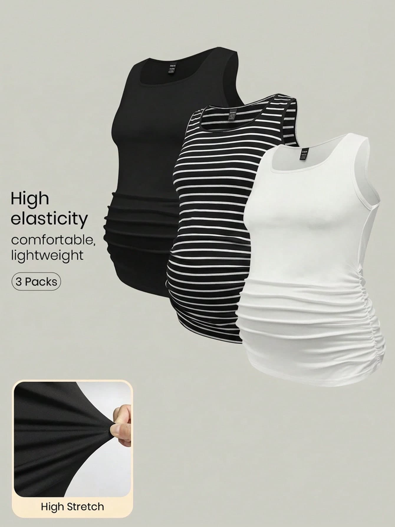 Modmama 3pcs Maternity Casual Ruched Crew Neck Tank Top Set