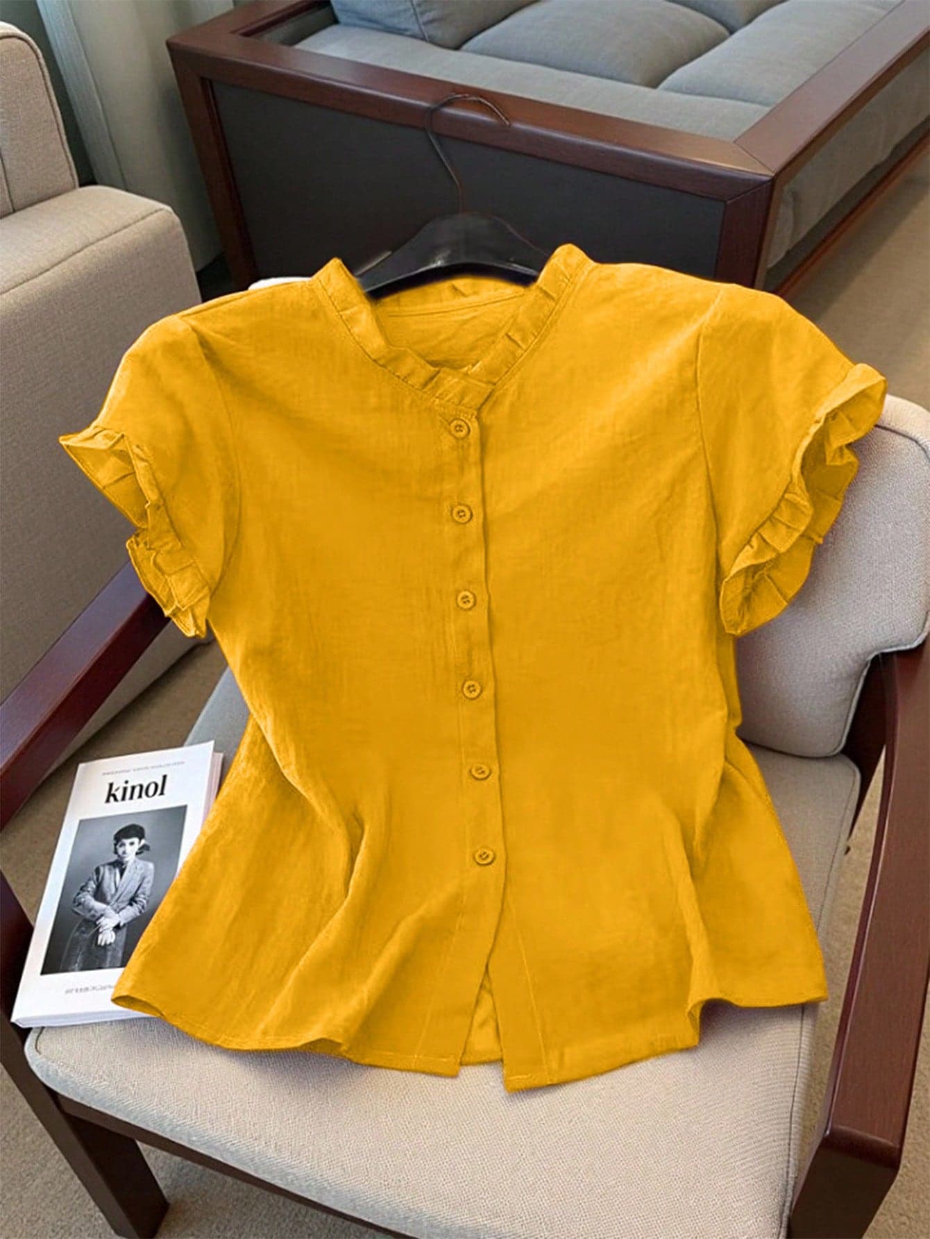 Women's Casual Solid Color Frill Trim Front Button Shirt, Summer