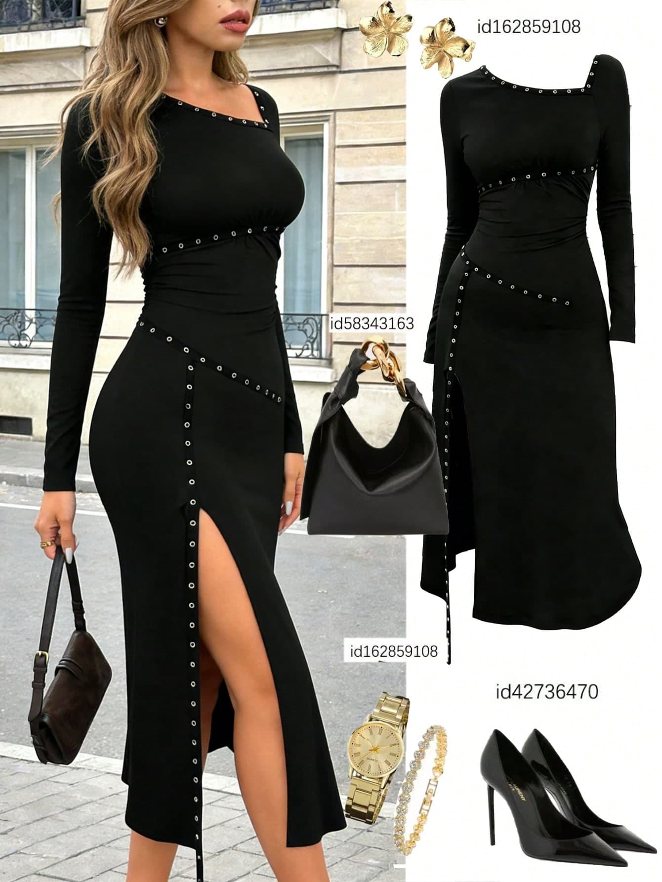 Rafferiza Asymmetrical Design Long Sleeve Fitted Sexy Split Dress