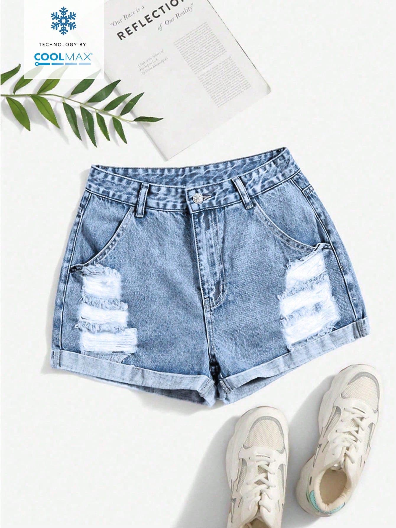 SHEIN EZwear Women's Casual Everyday Commute Fashion Ripped Cuffed Hem Denim Shorts, Summer