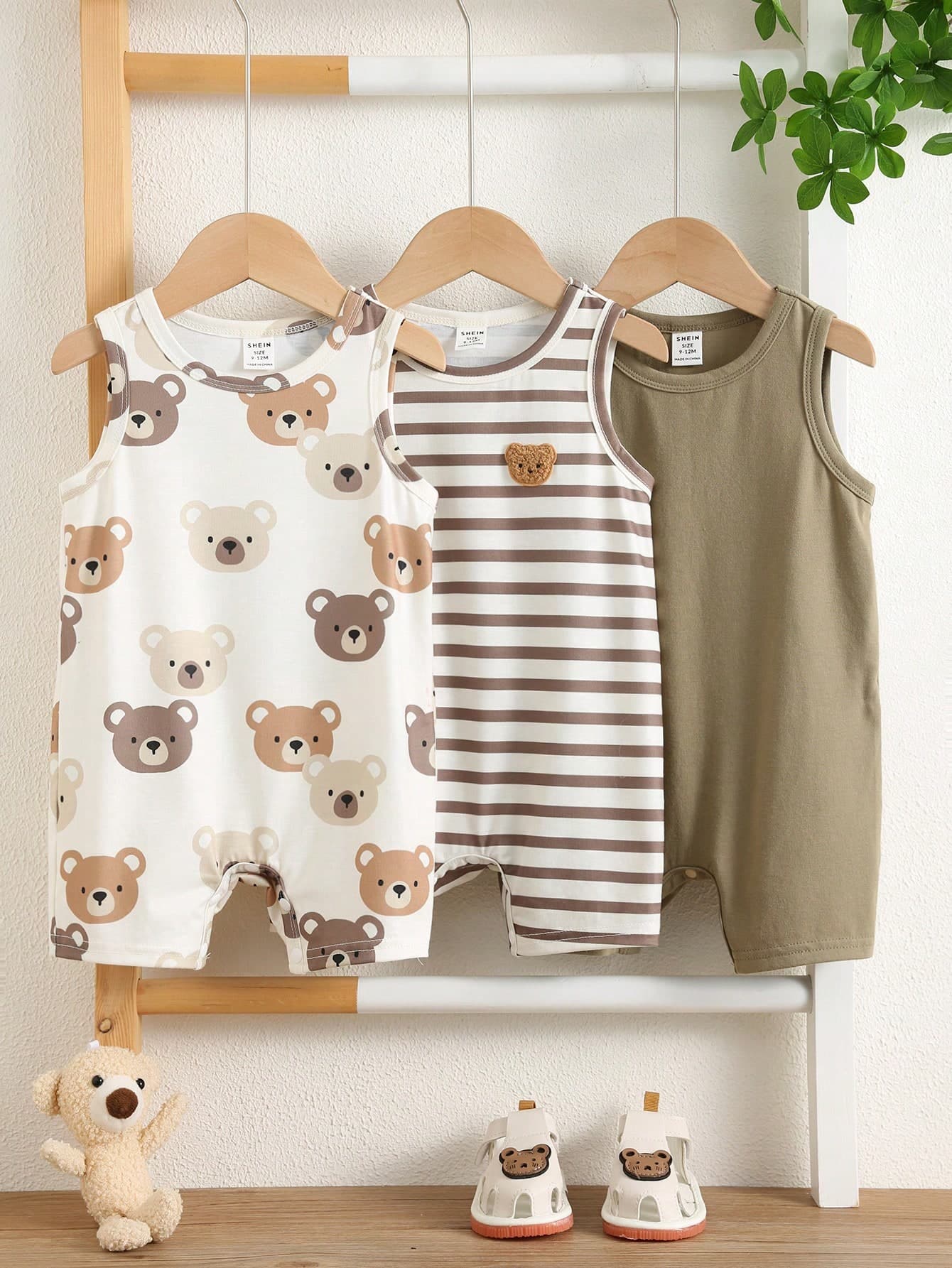SHEIN 3pcs Newborn Baby Unisex Casual Cute Cartoon Bear Print Sleeveless Romper Set, Summer