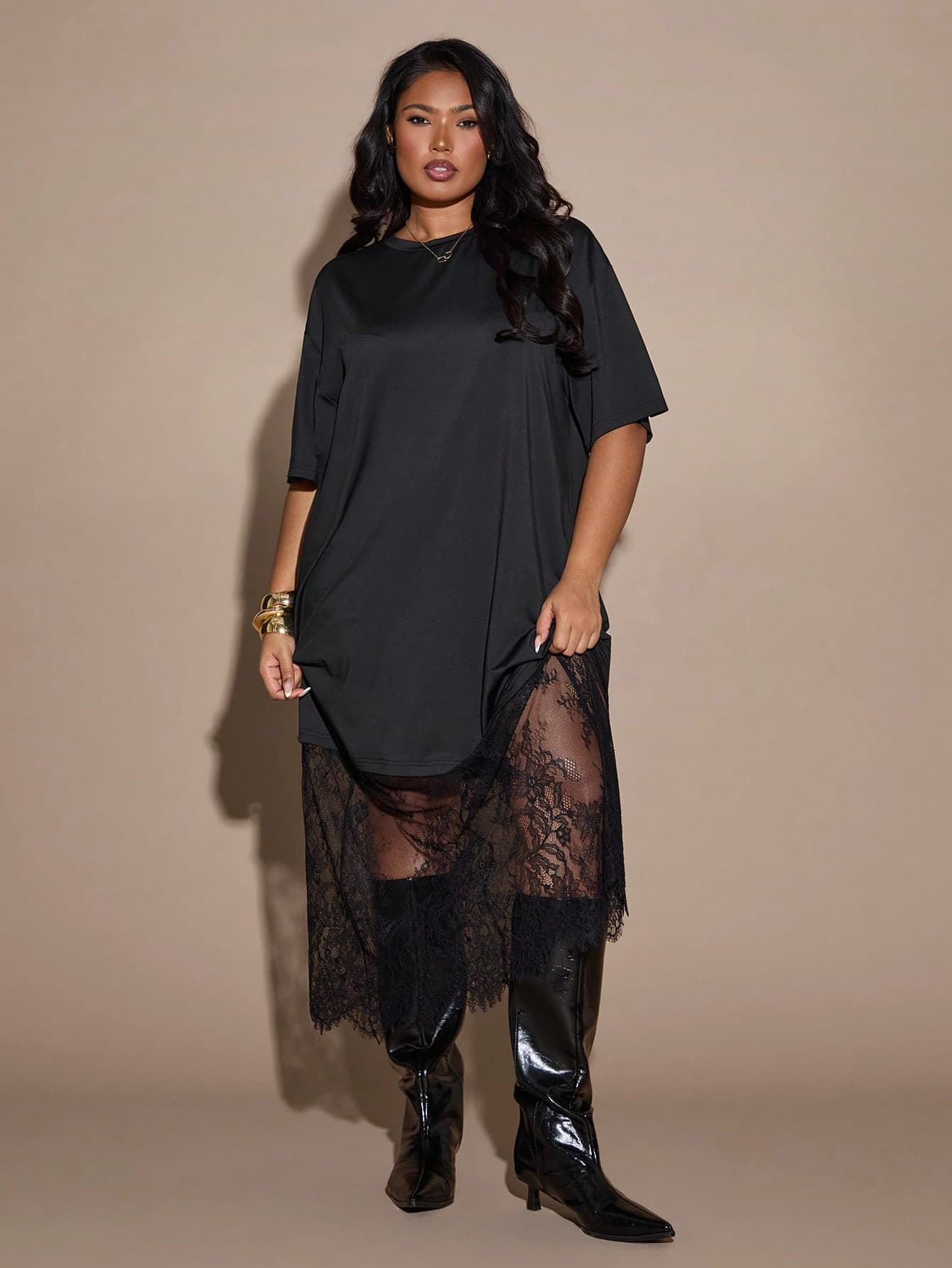 SHEIN BAE Plus Size Women's Black Lace Patchwork Dress, Summer Formal Smart Casual Sexy Evening Date Night Night Out Club, Short Sleeve T-Shirt See Through