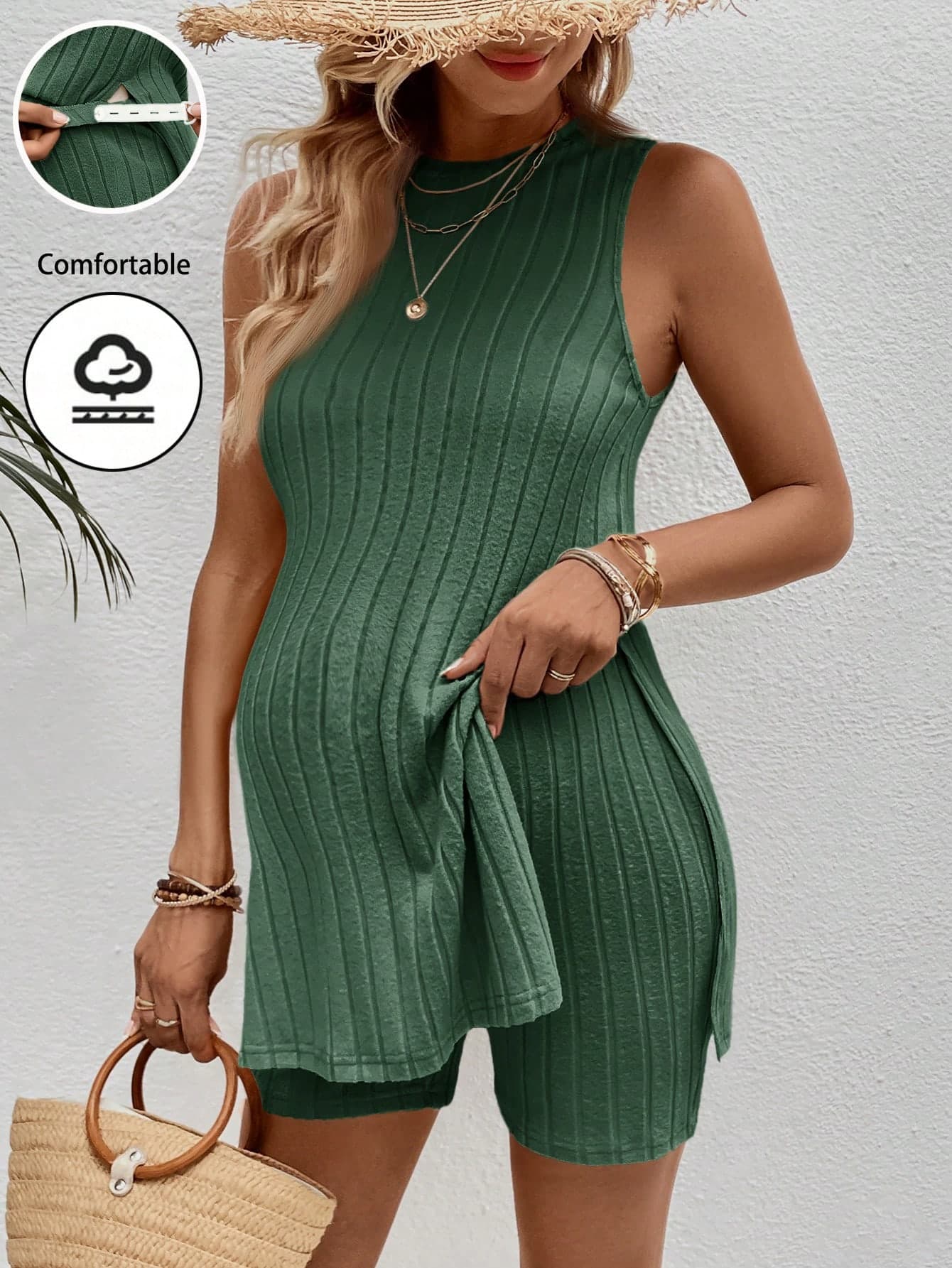 SHEIN Maternity Solid Color Round Neck Sleeveless Split Rib Casual 2 Pieces Set, Summer Two Piece Women Comfy Sets Woman Green Outfits For Comfortable