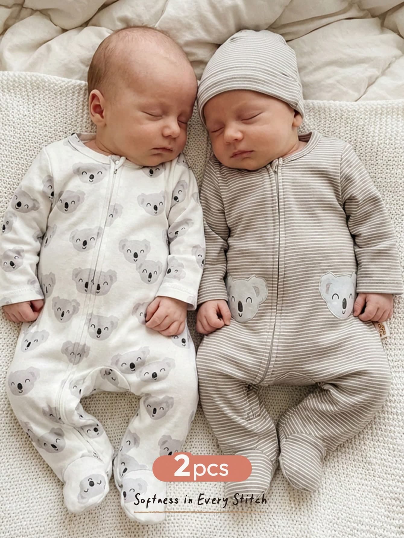 Cozy Pixies Newborn Baby Boy/Girl Cartoon Koala Print Striped Soft Knit Zip-Up Long Sleeve Romper And Pants 2-Piece Pajama Set