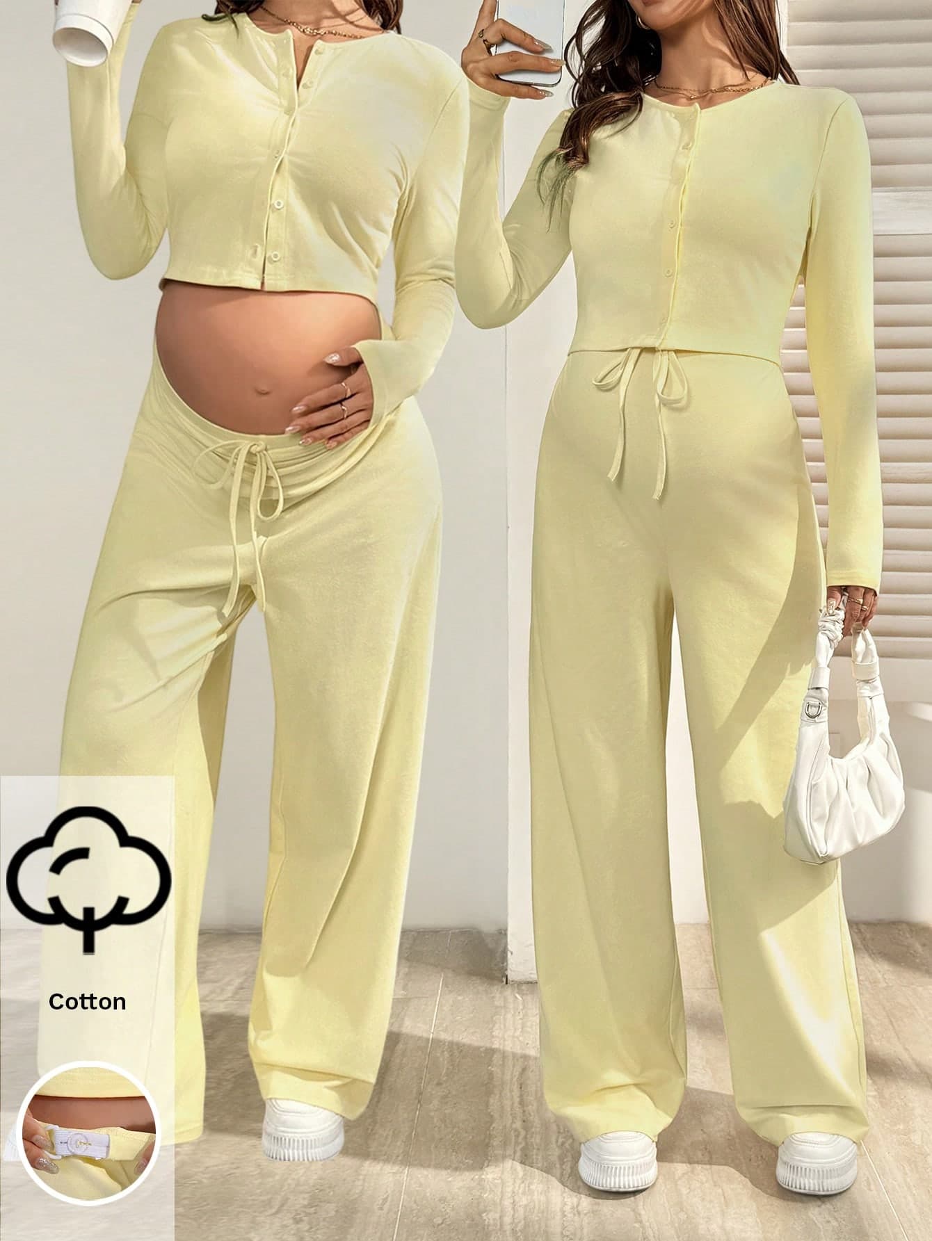 SHEIN Maternity Clothes Co Ord Set Spring And Summer Pregnant Yellow Set:Cardigan Top+Straight-Leg Pants(High-Waisted/Low-Waisted)-Comfortable Casual Fall