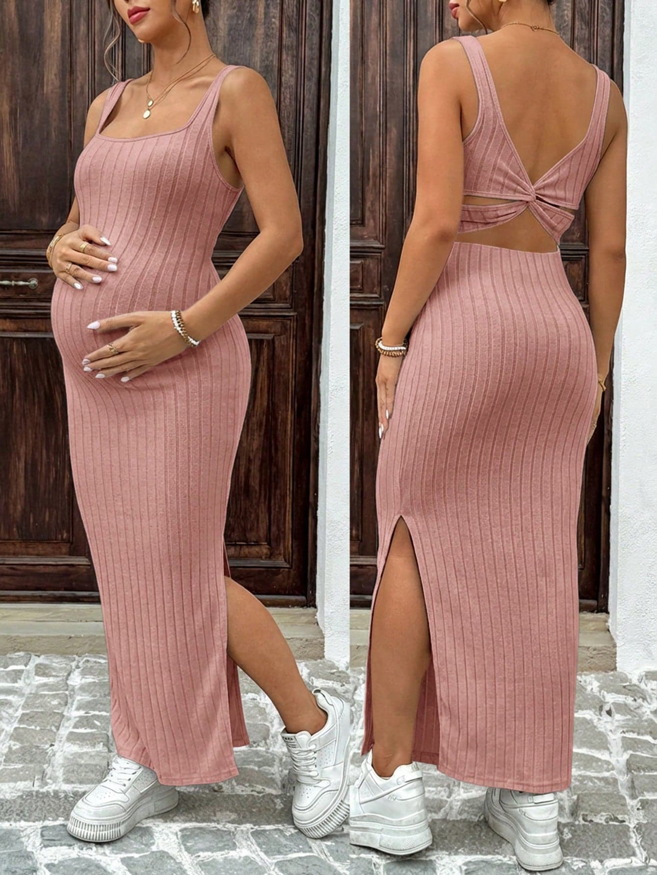 SHEIN Maternity Solid Color Casual Ribbed Open Back Sleeveless Dress Two Piece Set Cut Out Maxi Skirt With