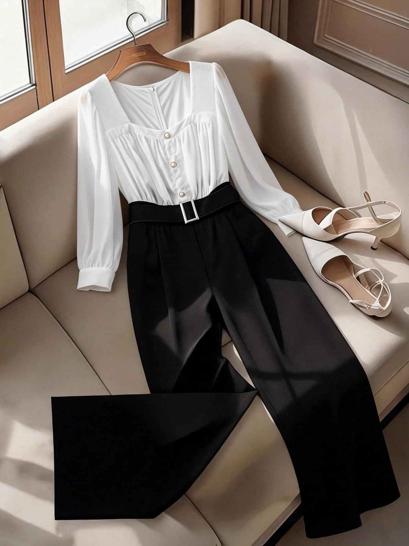 GlowEve CURVE Stylish Plus Size White And Black Cropped Jumpsuit With Notched Neckline And Extra-Long Sleeves For Casual Wear