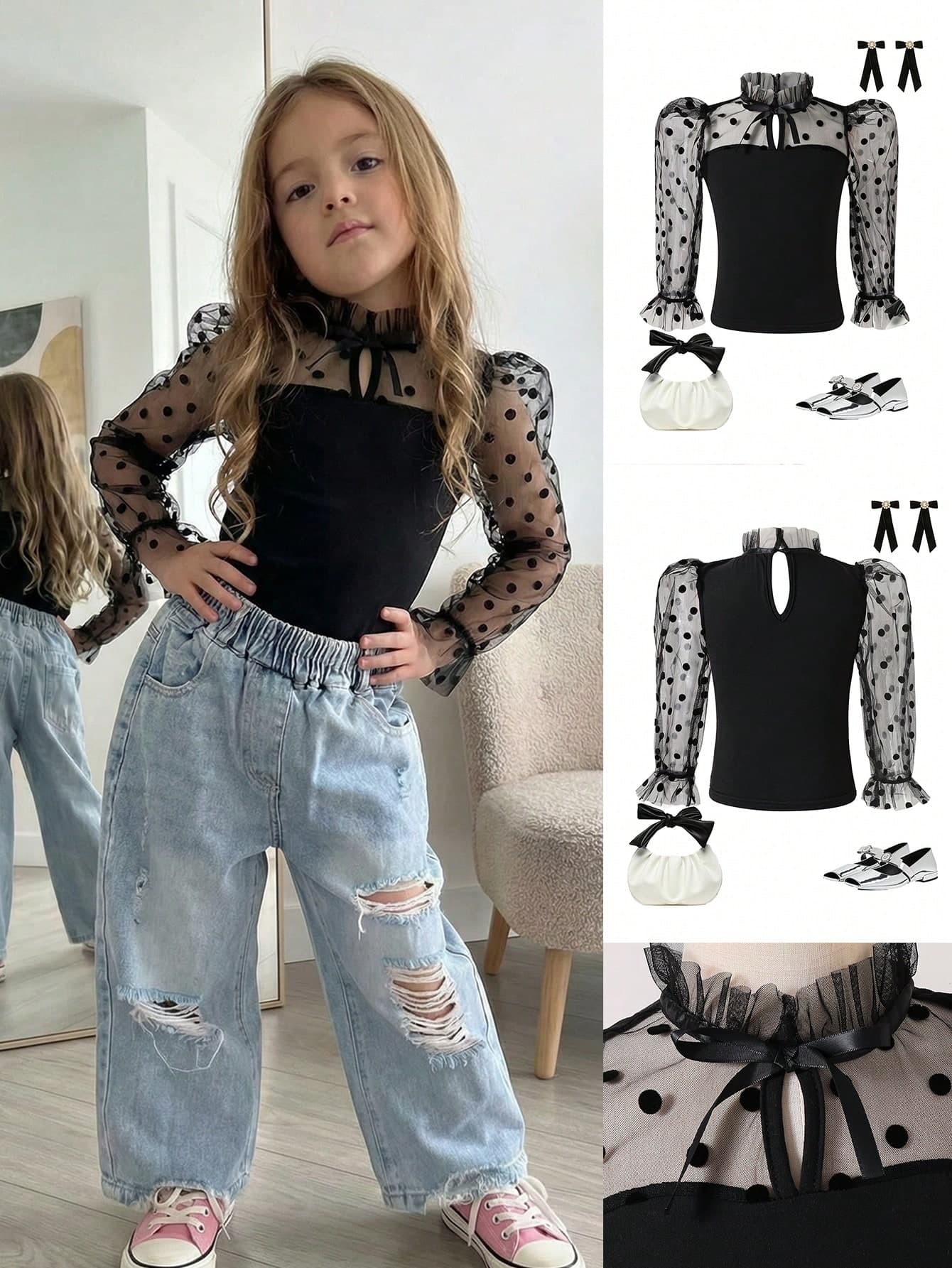 SHEIN Young Girls Elegant Black Summer First Birthday Blouse,Ruffle Trim High Neck Sheer Polka Dot Long Sleeve Beaded Top,Mother-Daughter Matching Outfit