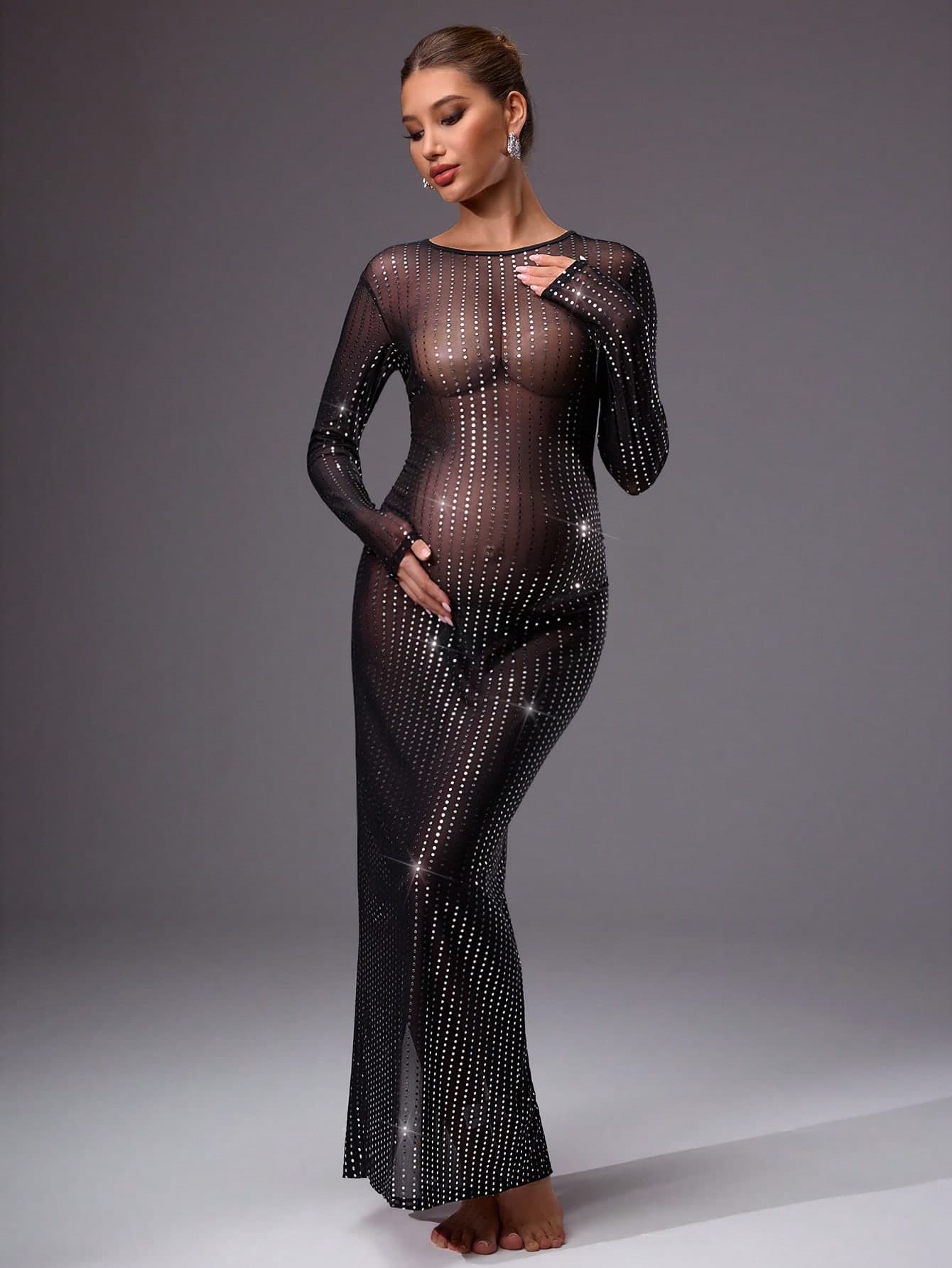 MaterniChic Maternity Clothes Black Sequin Mesh Sheer Fitted Dress,Autumn Elegant Formal Evening Night Out Club Pregnancy Dress For Photoshoot Baby Shower