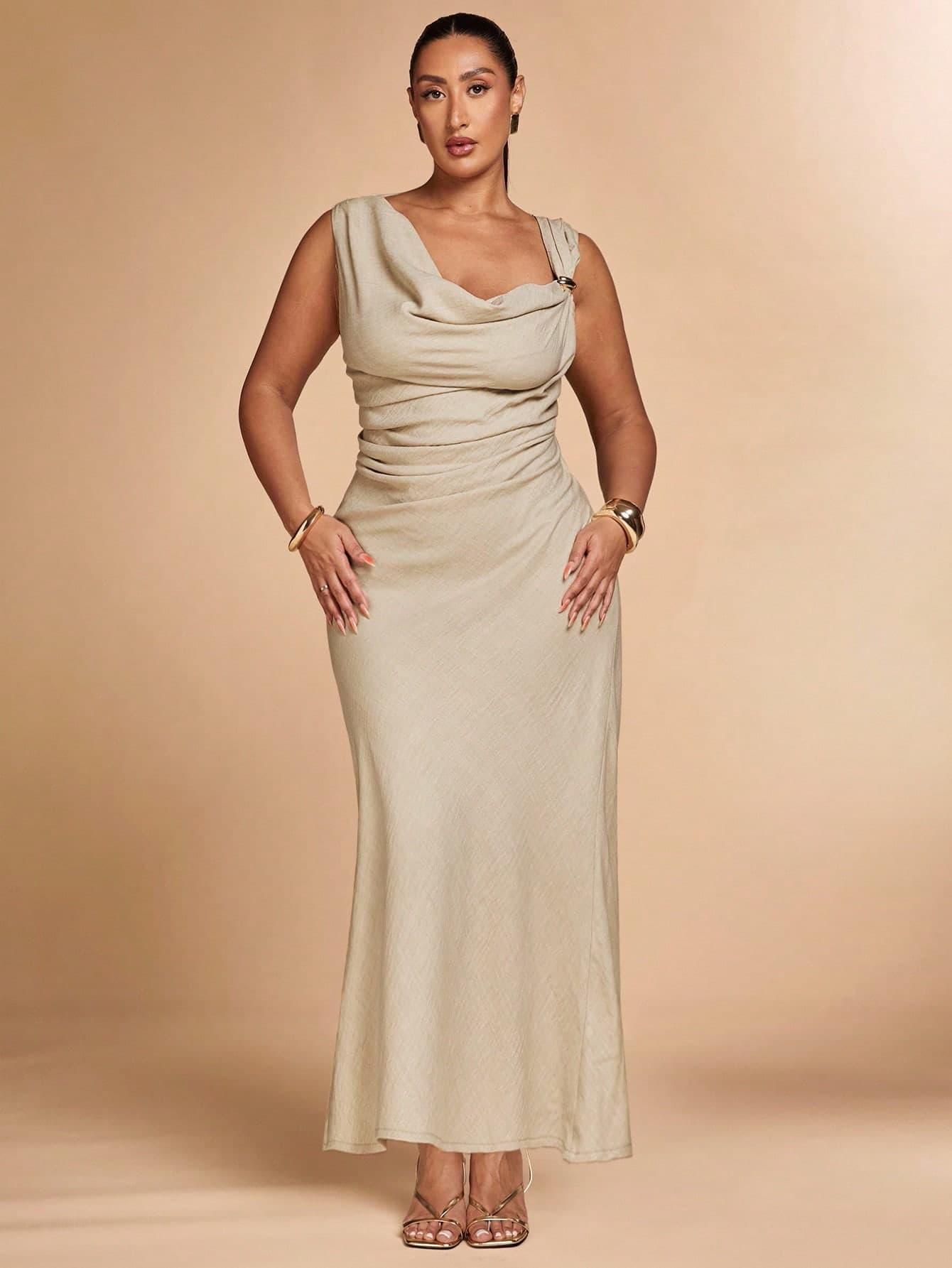 SHEIN BAE Light Green Summer Elegant Formal Plus Draped Collar Ruched Side Dress,Wedding Guest Dress Women Plus Size,Off Shoulder Birthday Homecoming Dress