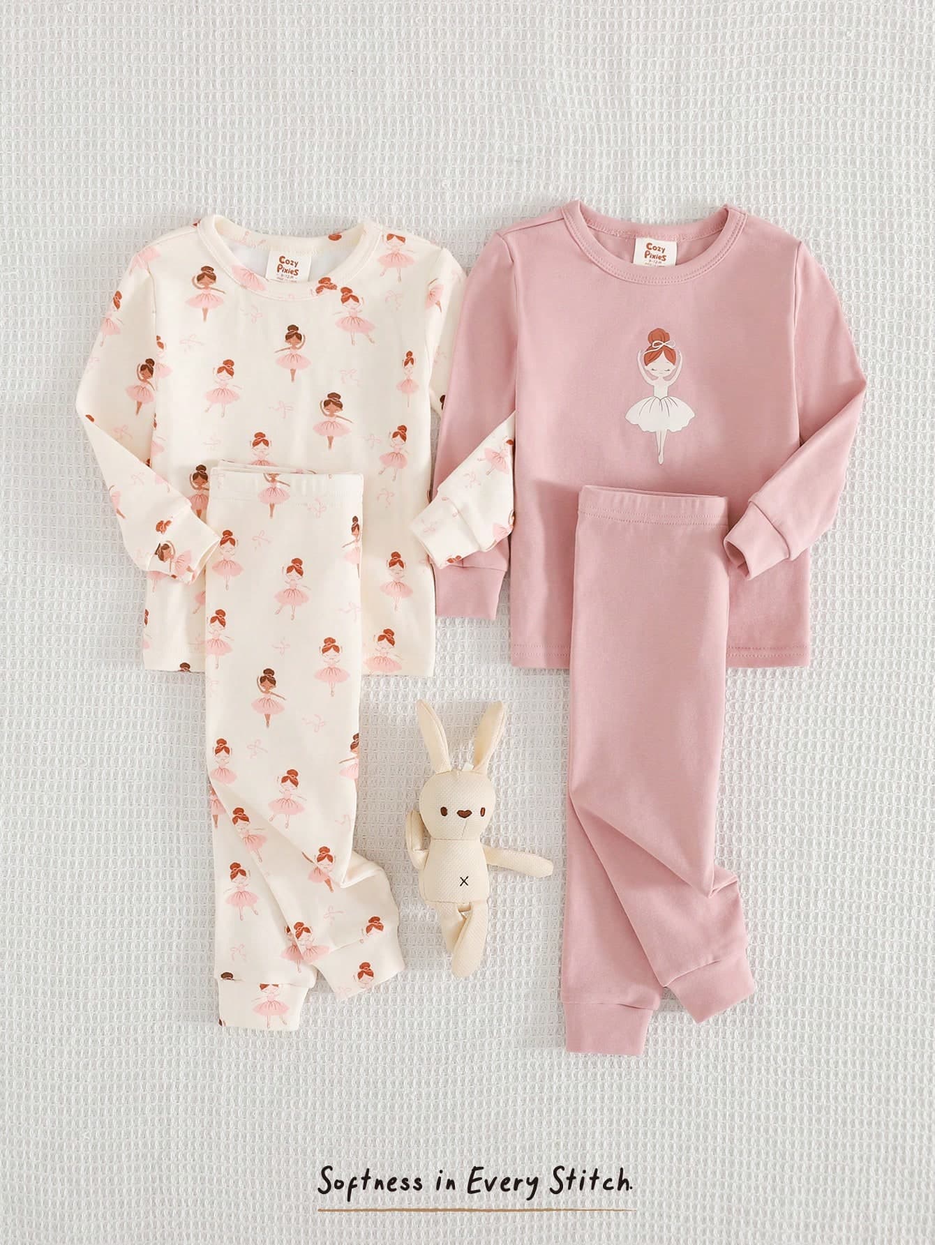 4pcs Baby Girl Snug Fit Pajama Set,Ballet Pattern Knit Soft Crew Neck Long Sleeve Top And Elastic Waist Pants Cozy Pixies Bamboo Pajamas Sleep Wear