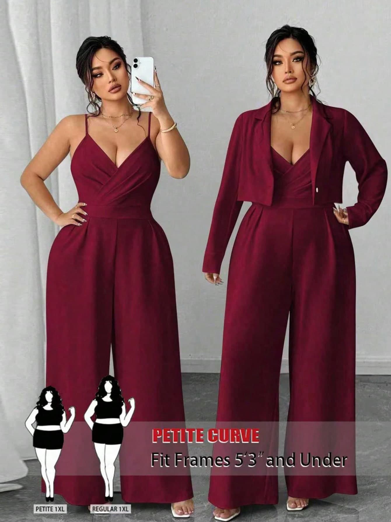 SHEIN PETITE CURVE Plus Size Women Elegant Minimalist Business Commute Blazer Jacket And Sleeveless Cinched Waist Wide Leg Jumpsuit 2 Pieces Set