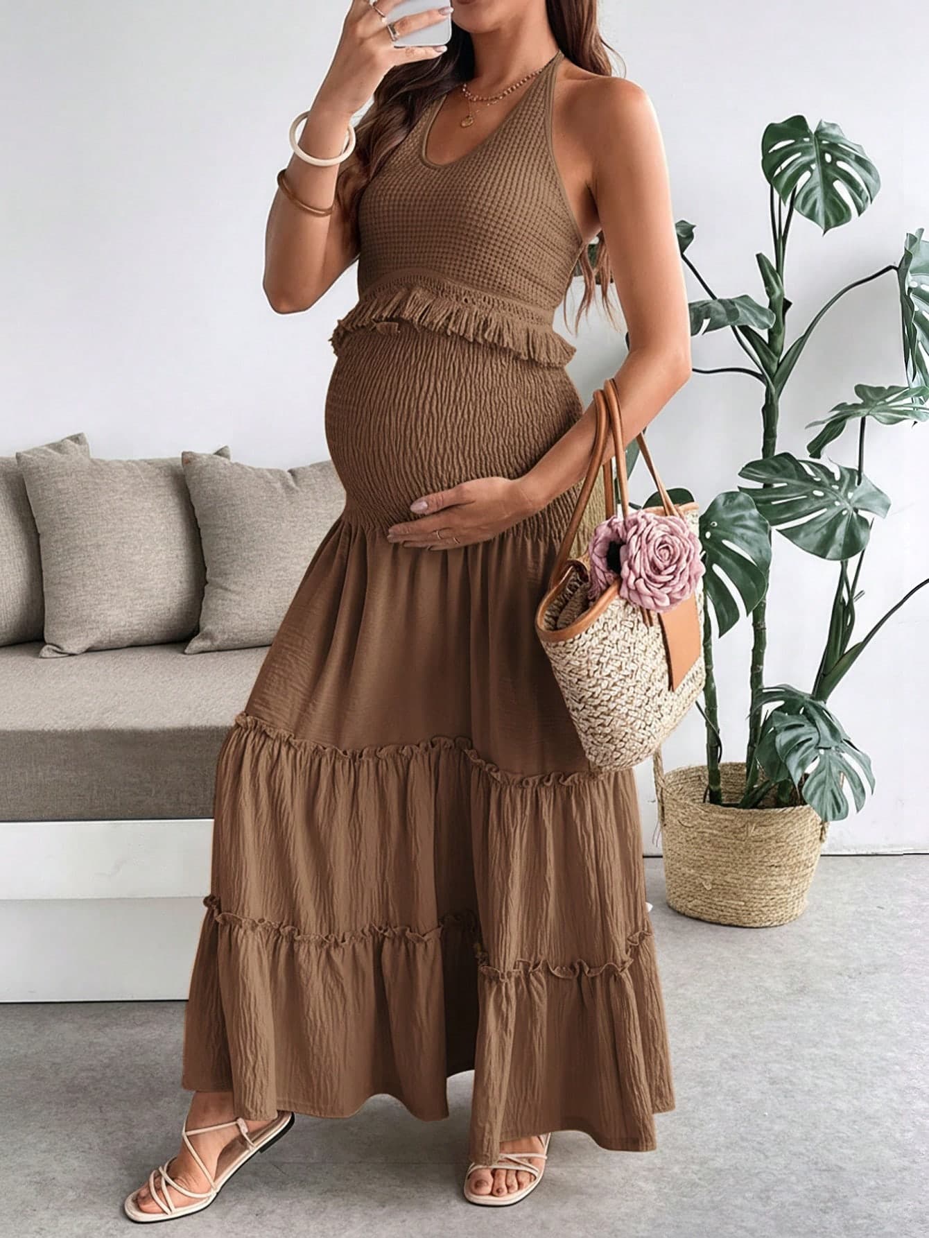 SHEIN Women's Maternity Brown Summer Elegant Pregnant Holiday Outfits Solid Color Halter Tie Ruffle Hem Patchwork Top And Gathered Waist Skirt Two Piece Set