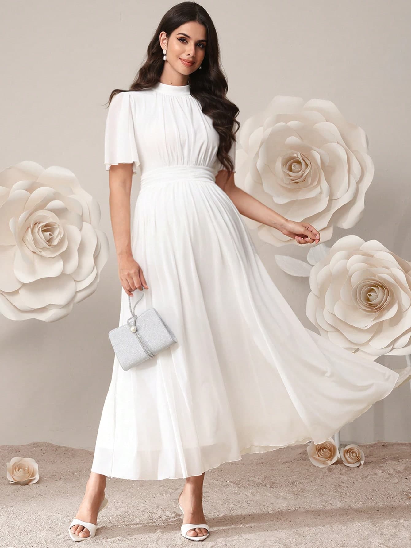 SHEIN Maternity Solid Color Stand Collar Ruffle Short Sleeve Elegant Dress