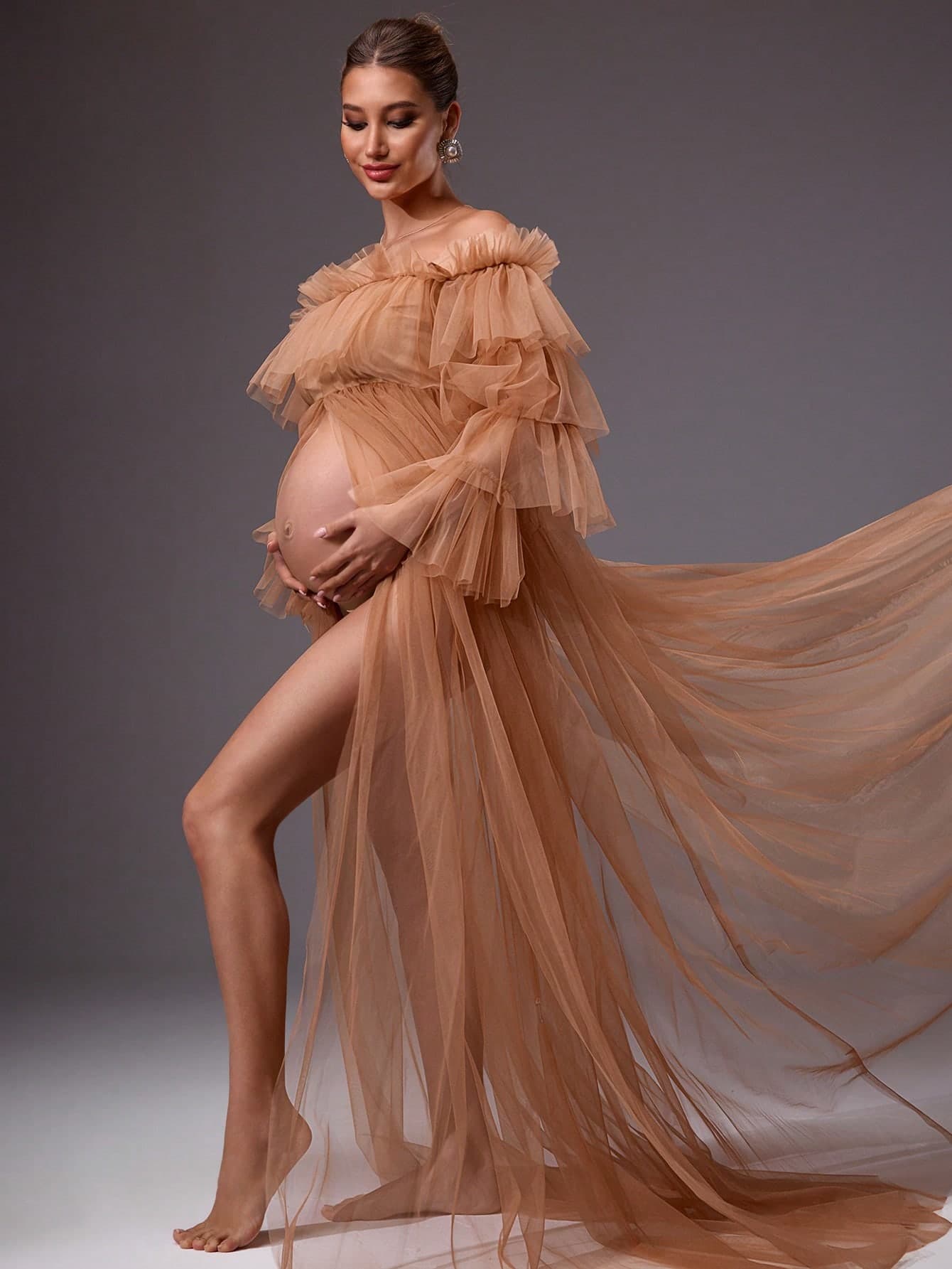 MaterniChic Maternity Elegant Dress,Black And White Summer Pregnant Photoshoot,Mesh Ruffle Off Shoulder Long Sleeve Split Hem Solid Baby Shower Beach Dress Fall