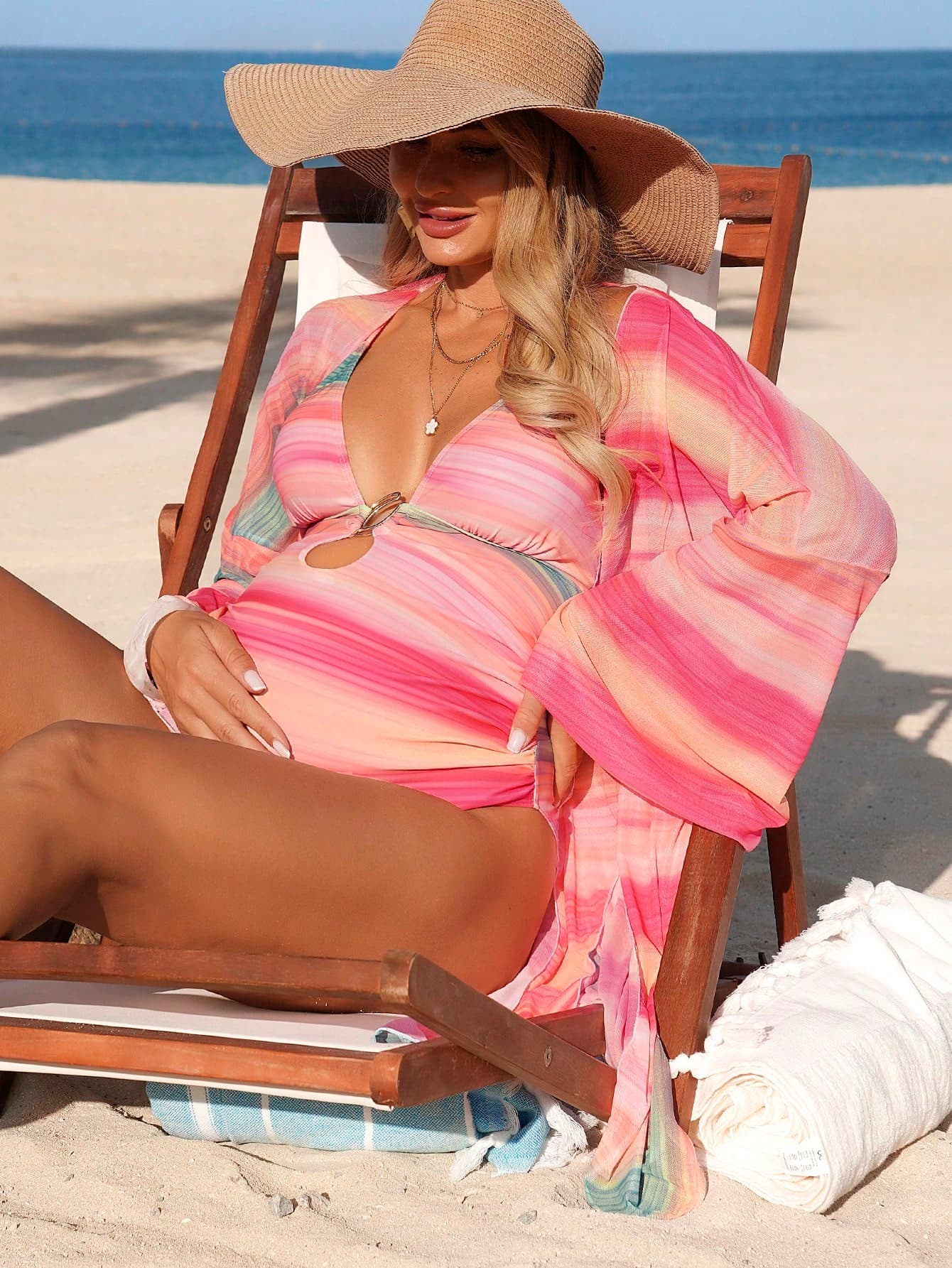Momance Women's Maternity Swimwear Pink Tie-Dye Halter One-Piece Swimsuit With Long Sleeve Cover Up Set,Summer Beach Baby Shower Holiday Boho Vacation Outfit